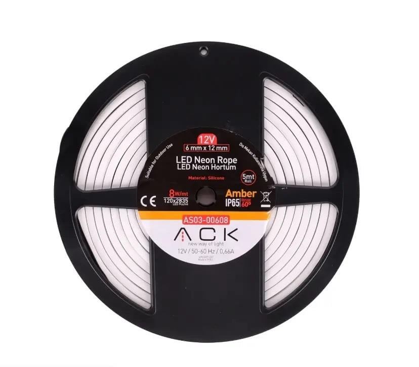 ACK AS03-00608 10W/mt 12V Neon Hortum Led Amber Işık IP65