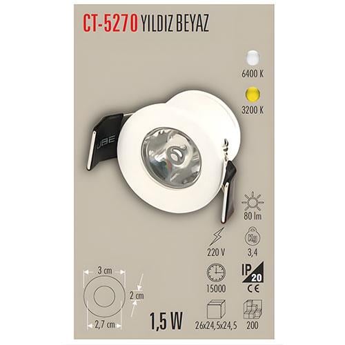Cata CT-5270 1,5W Yıldız Spot Power Ledli Siyah Kasa Beyaz Işık