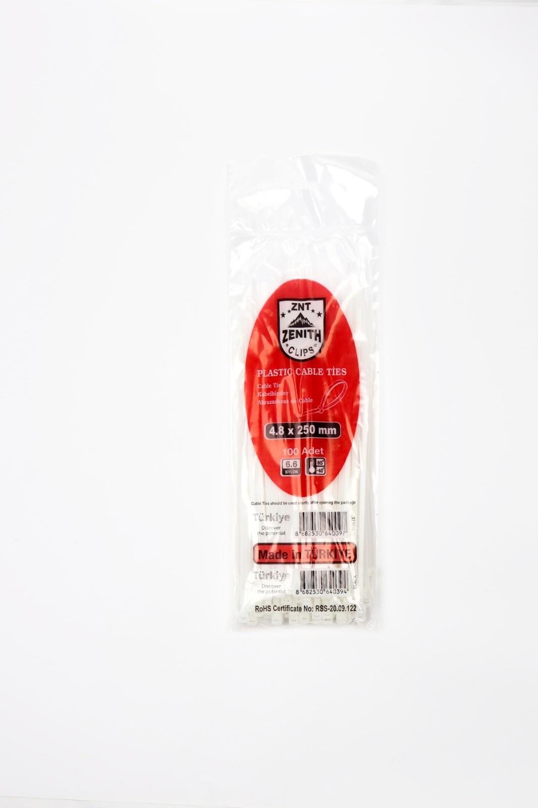 Zenith 4,8x250 Beyaz Kablo Bağı & Plastik Kelepçe & Cırt Kelepçe 100 Adet (paket)