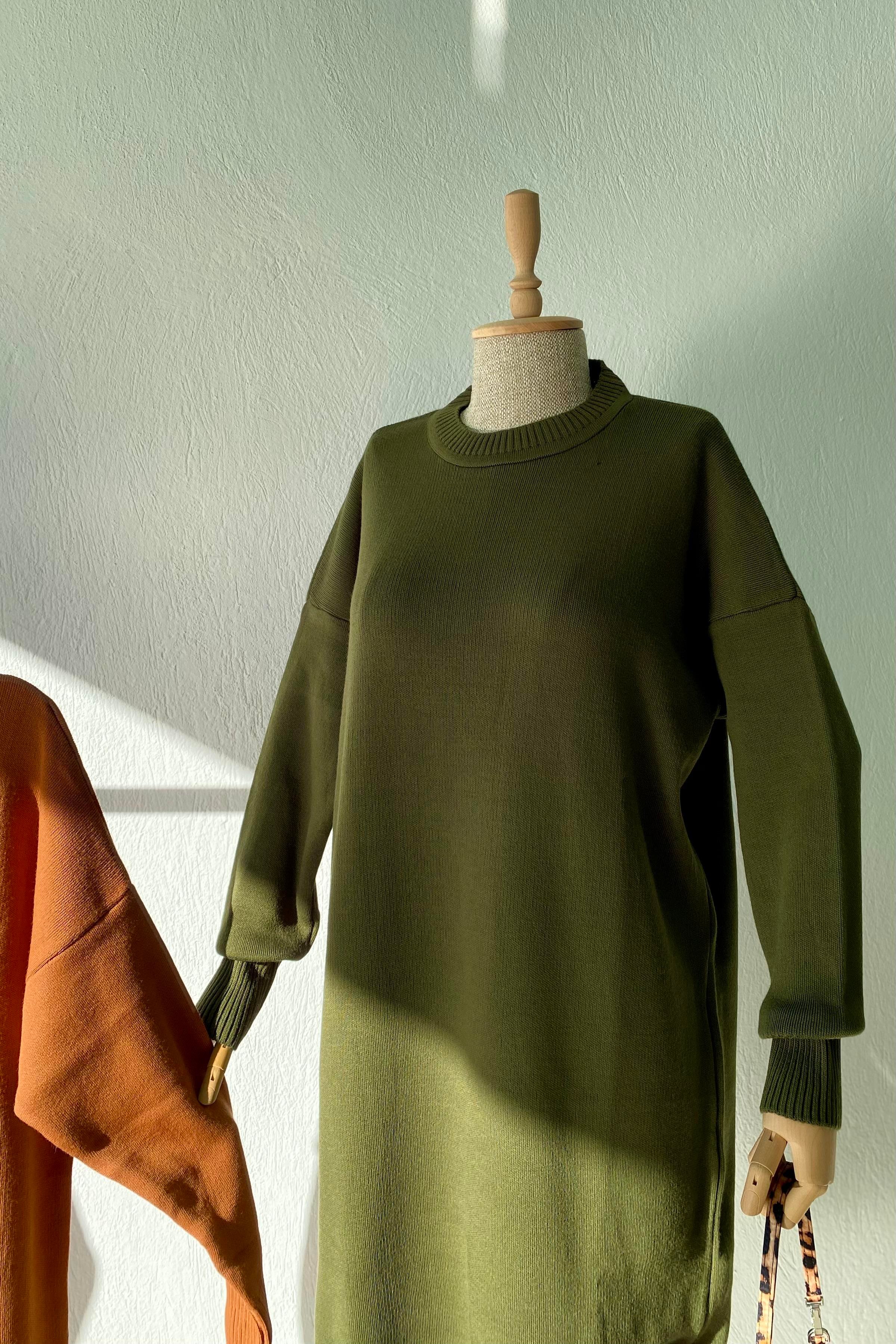 Basic Triko Elbise Haki Yeşil