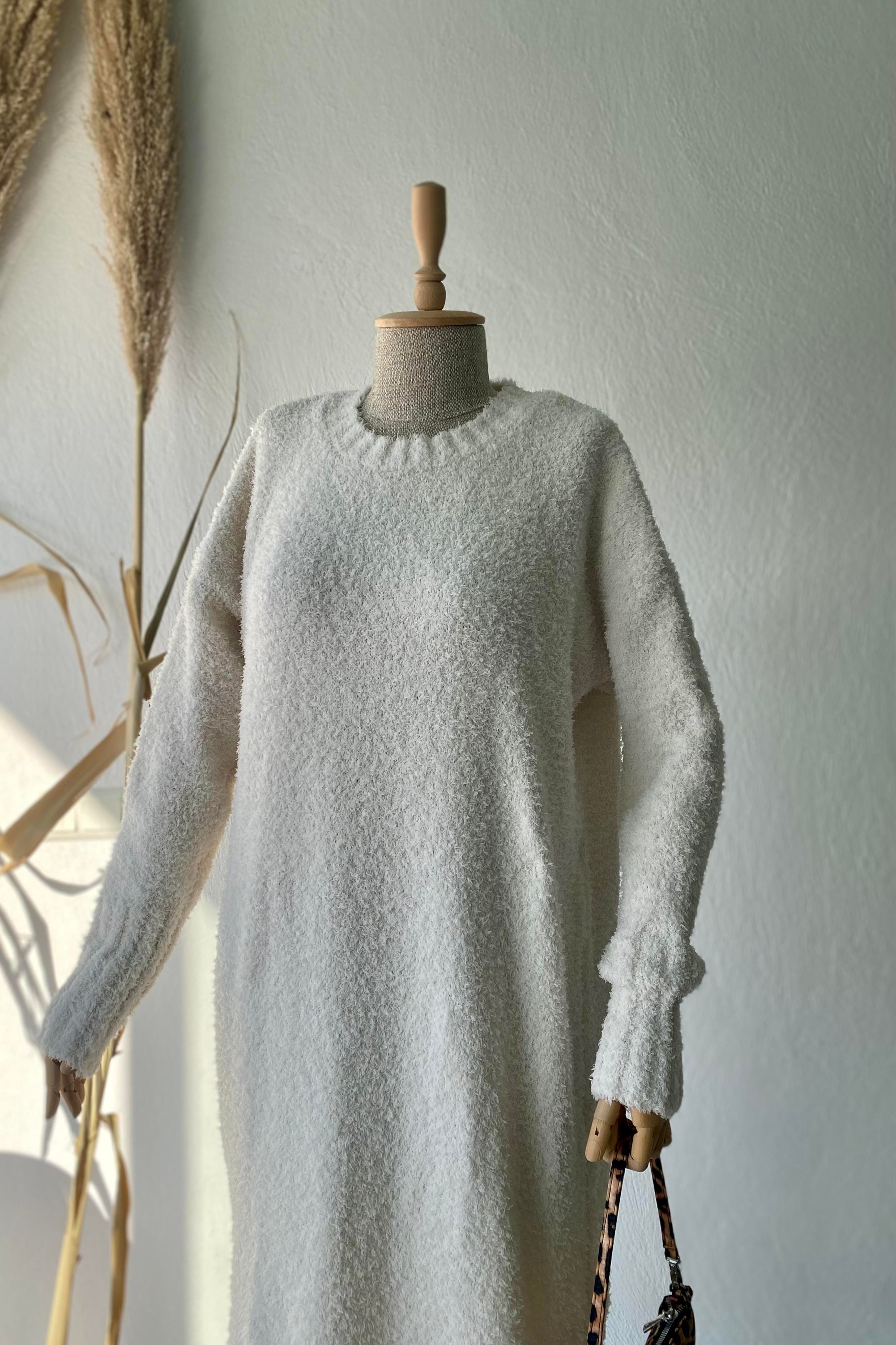 Buklet Triko Elbise Ekru