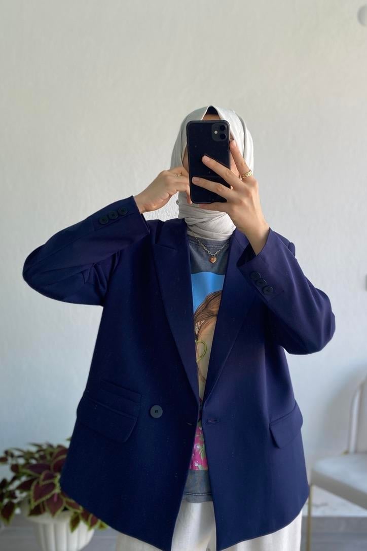 Çapraz Tek Düğmeli Blazer Ceket Lacivert 