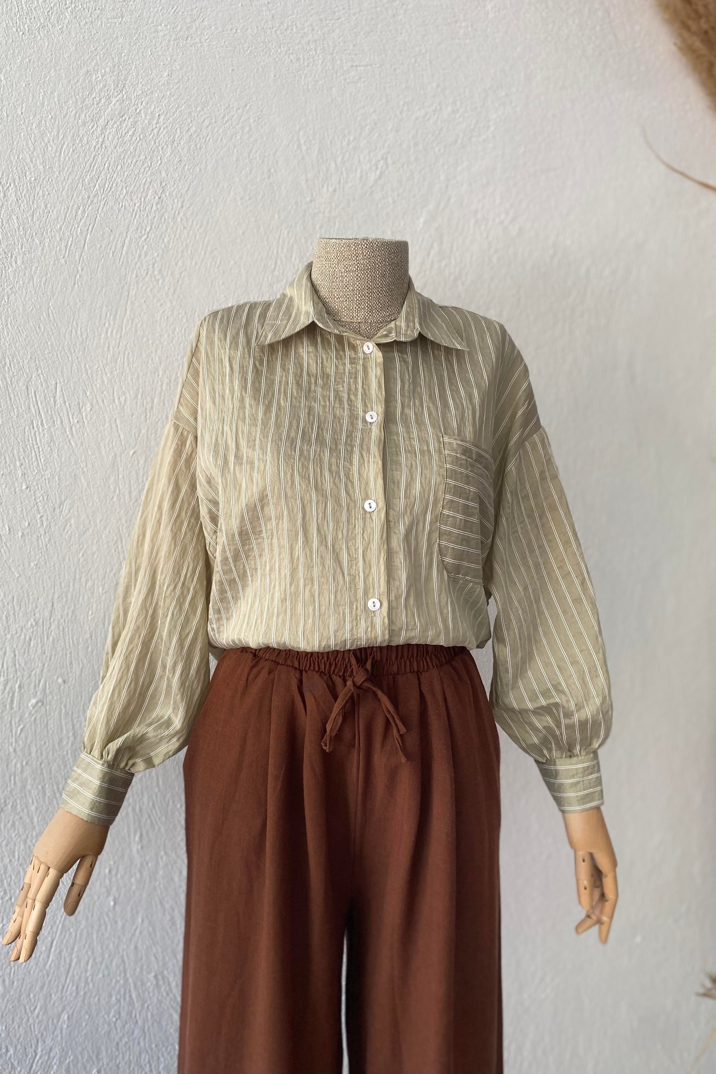 Çizgili Oversize Gömlek Açık Yeşil