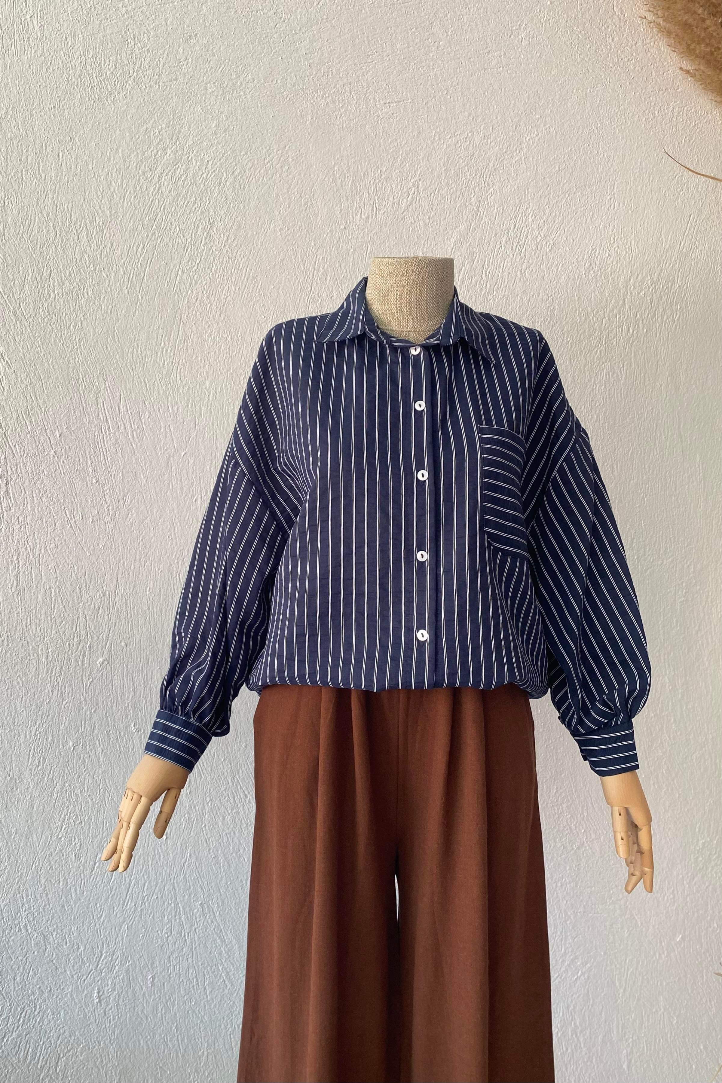 Çizgili Oversize Gömlek Lacivert