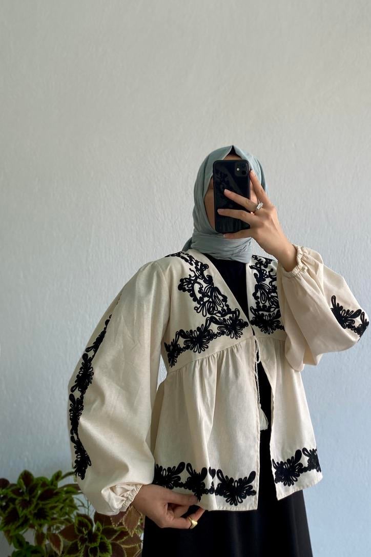 Nakışlı Keten Ceket Bej