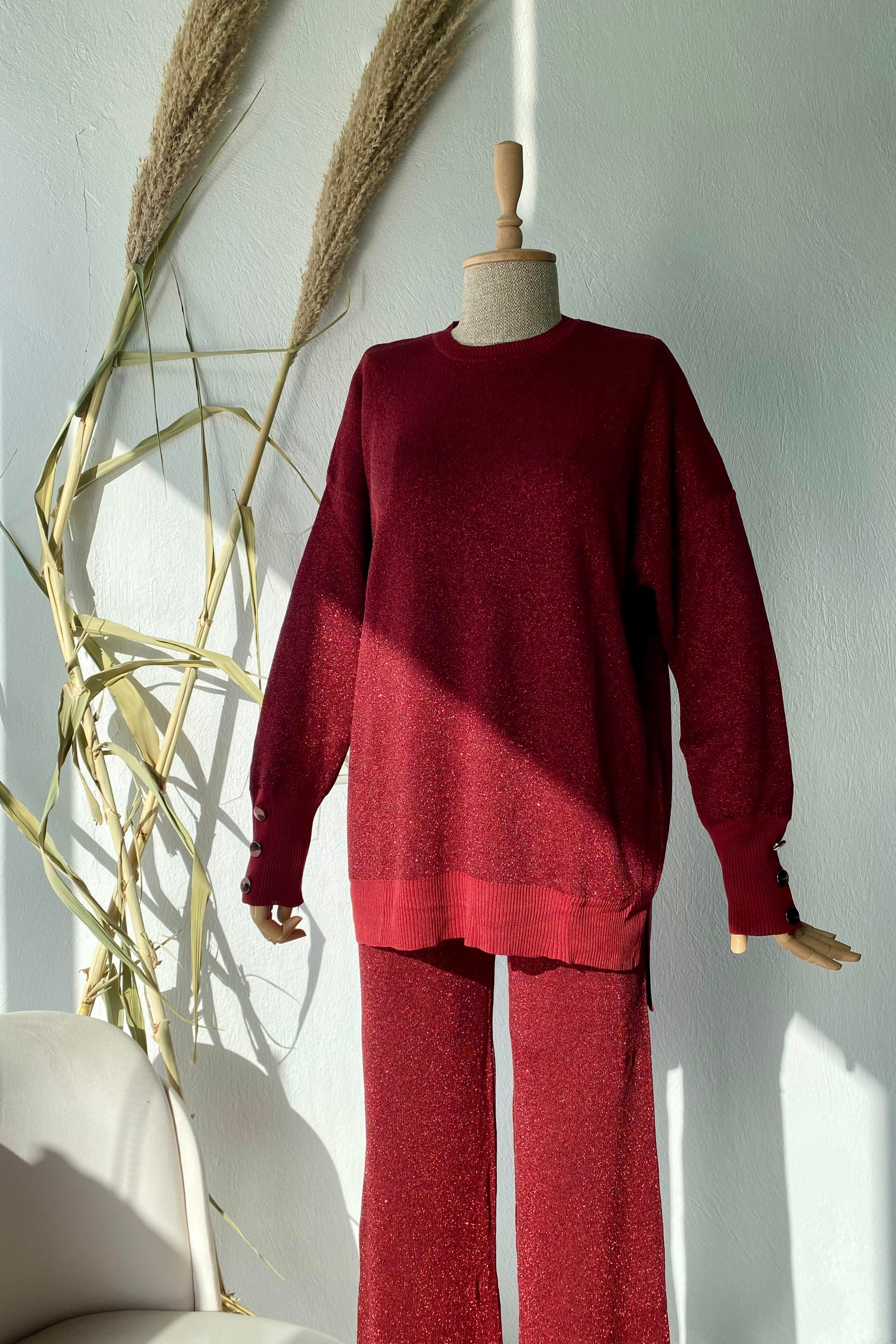 Simli Triko Takım Bordo