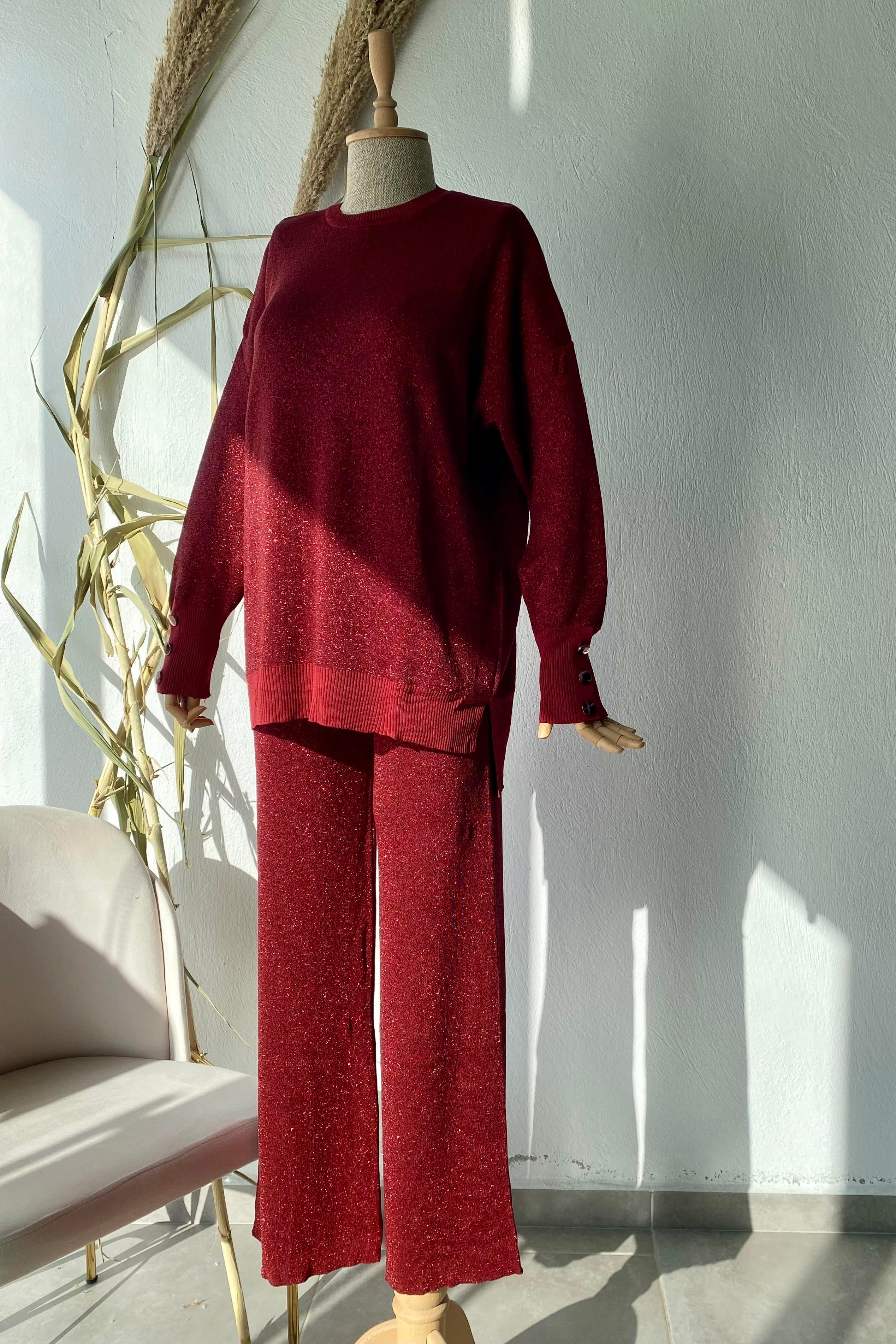 Simli Triko Takım Bordo