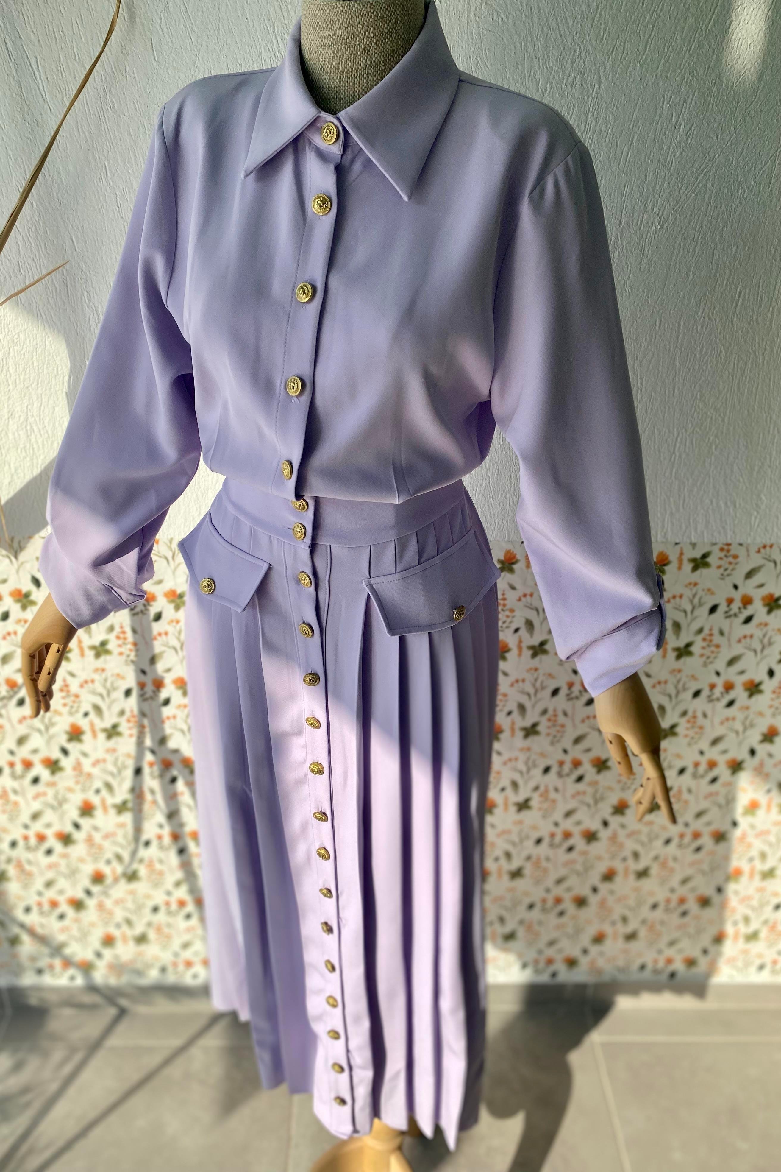 Vatkalı Şık Düğmeli Elbise Lila