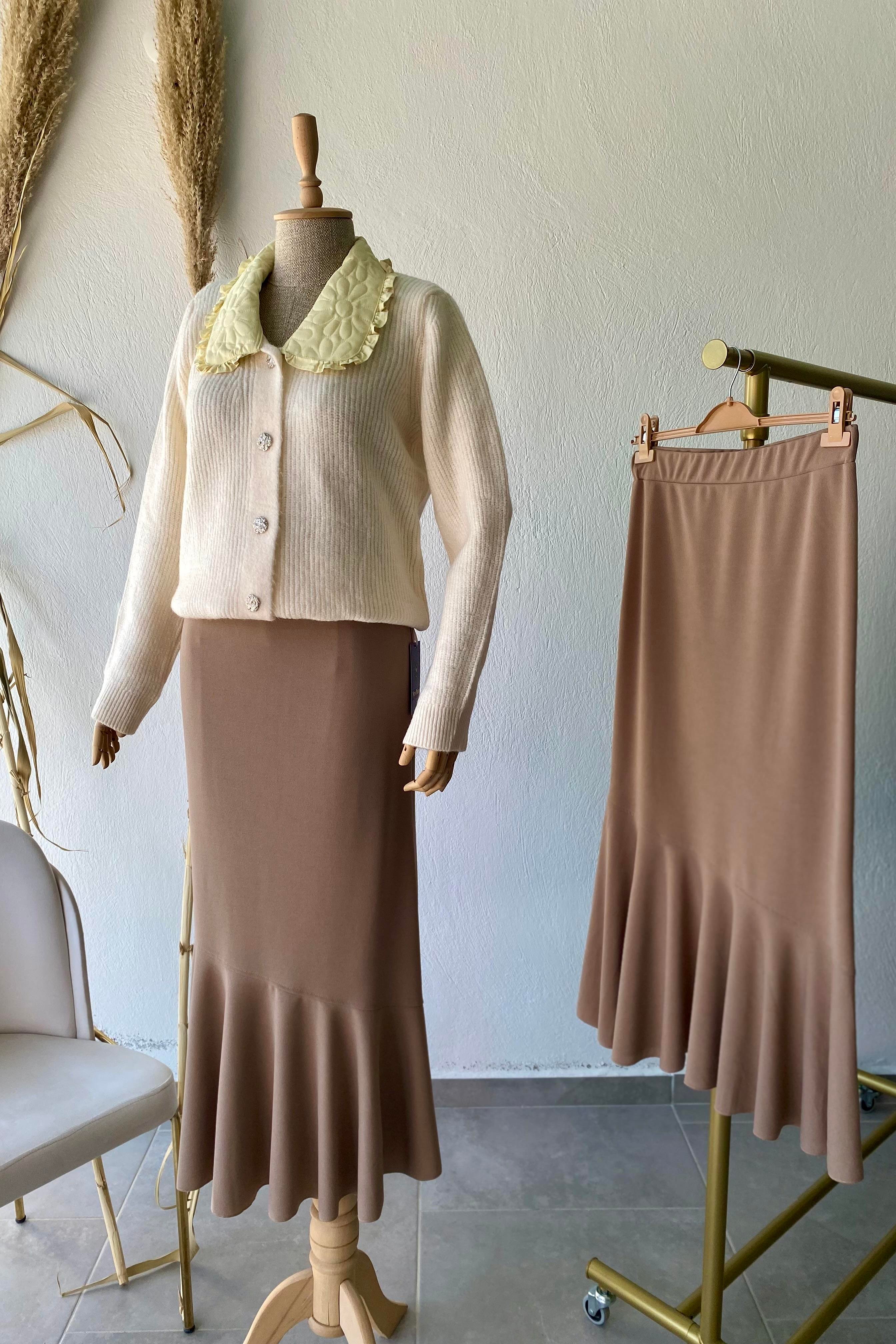 Volanlı Etek Koyu Bej