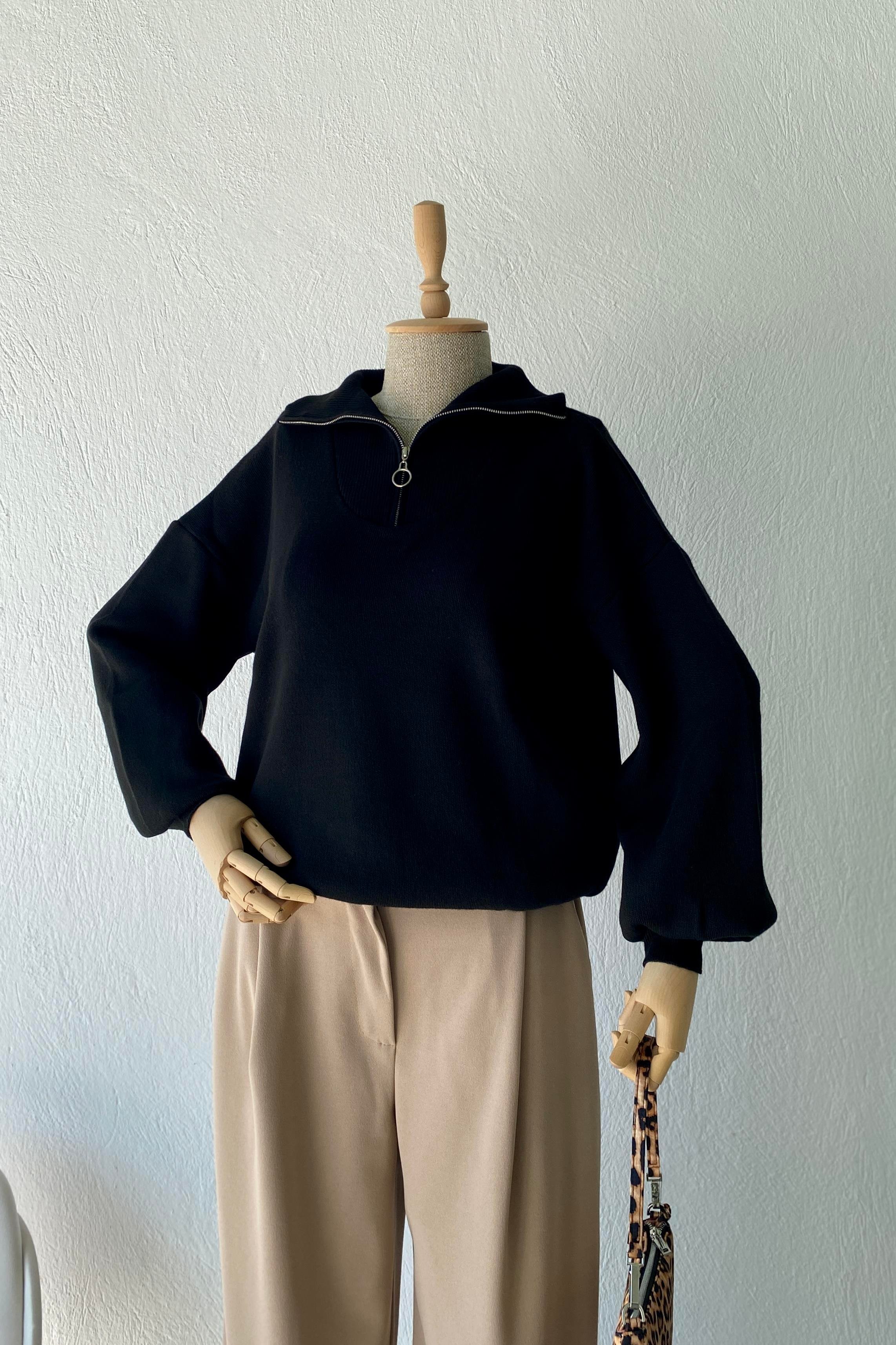 Yakası Fermuarlı Kazak Siyah