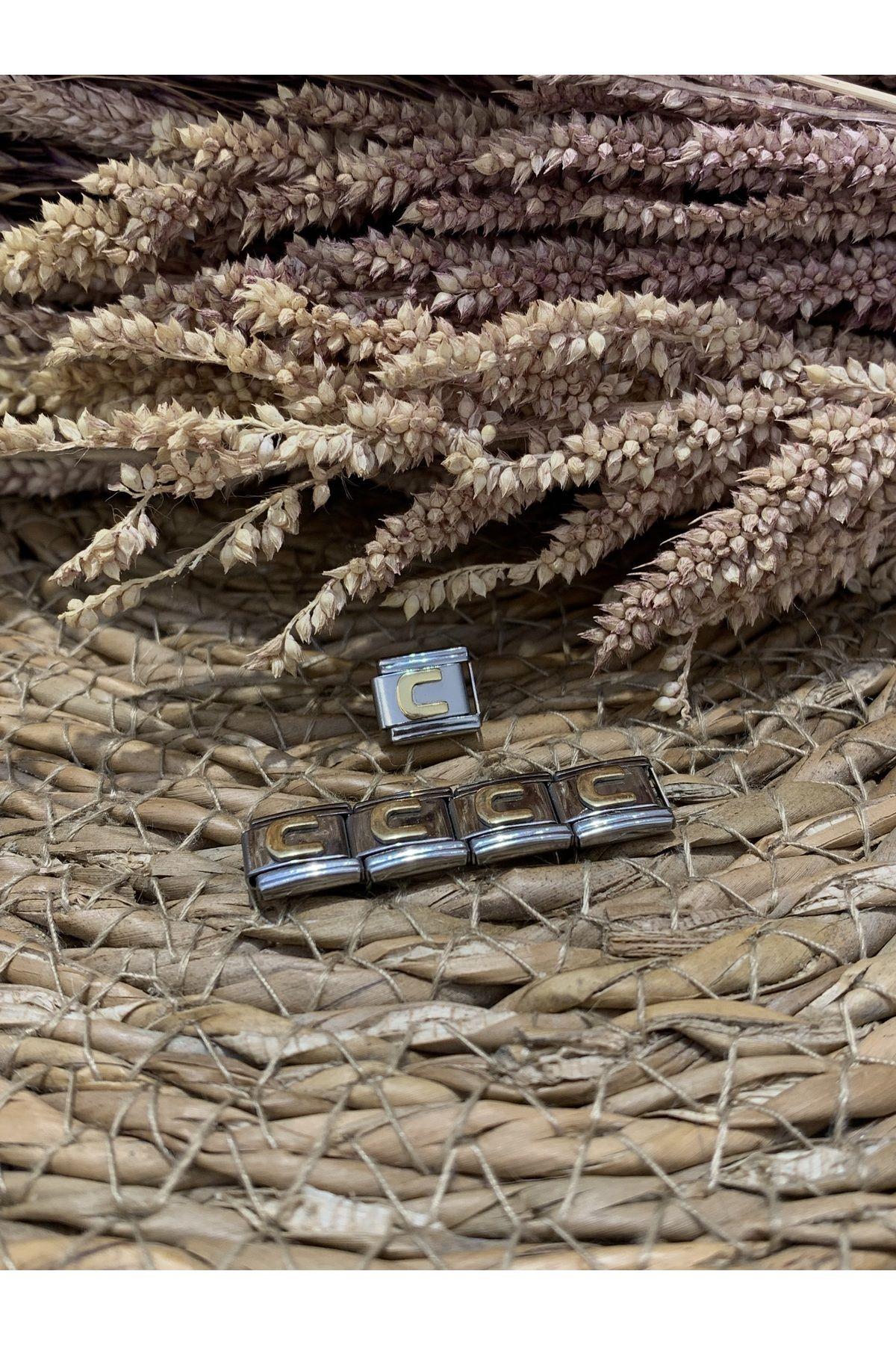 Çelik C Harfi Detaylı İtalyan Charm  Unisex