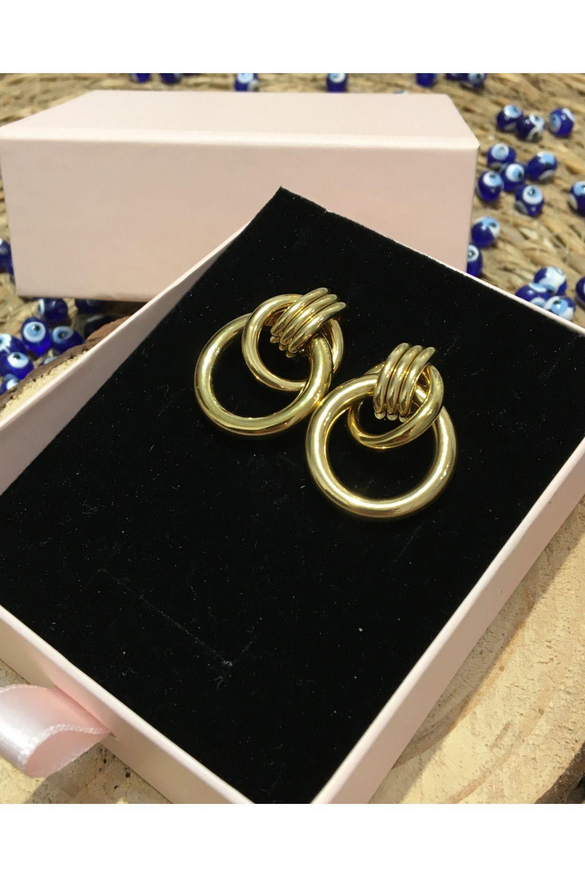 Çelik Çift Kıvrımlı Halka Küpe Gold