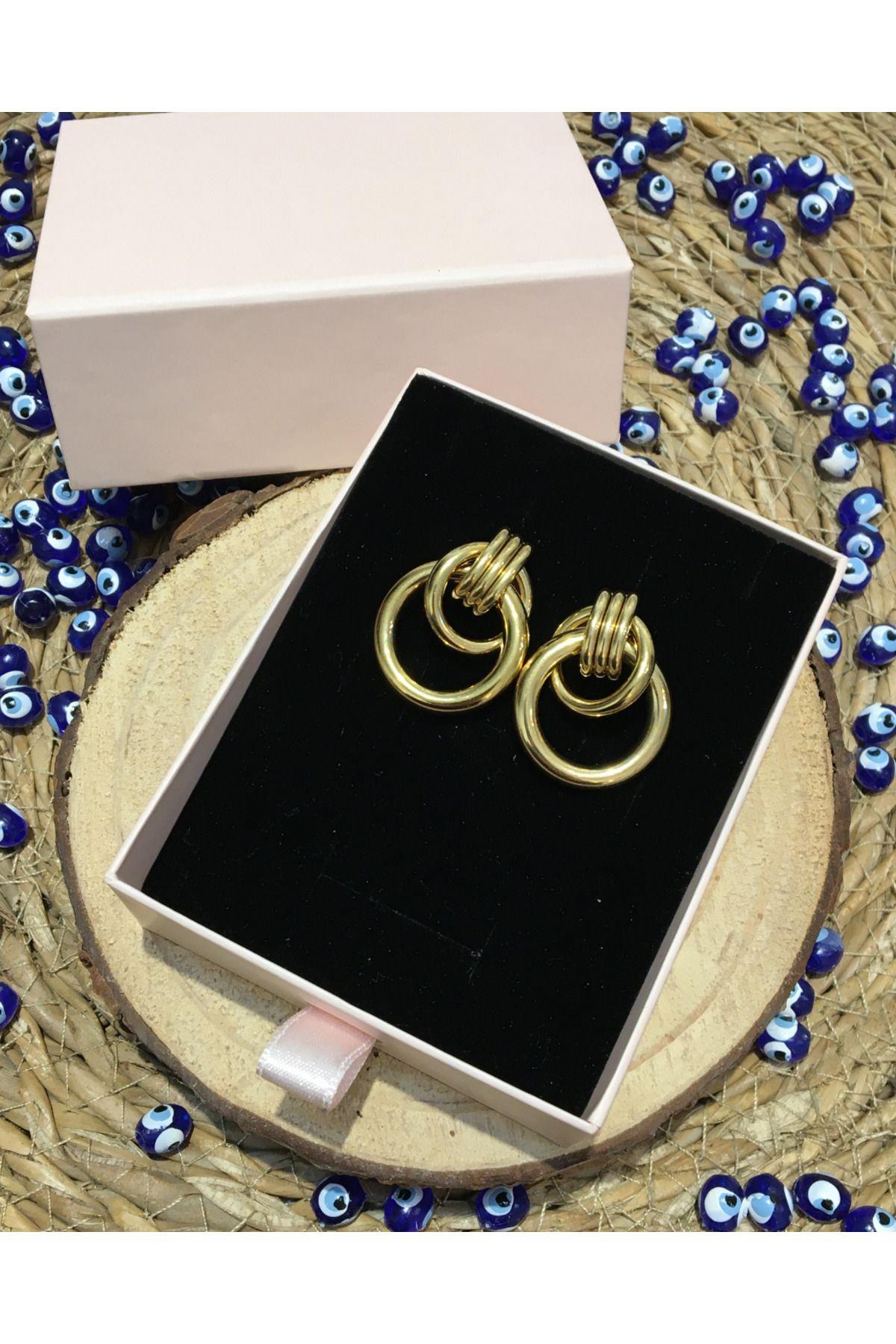 Çelik Çift Kıvrımlı Halka Küpe Gold