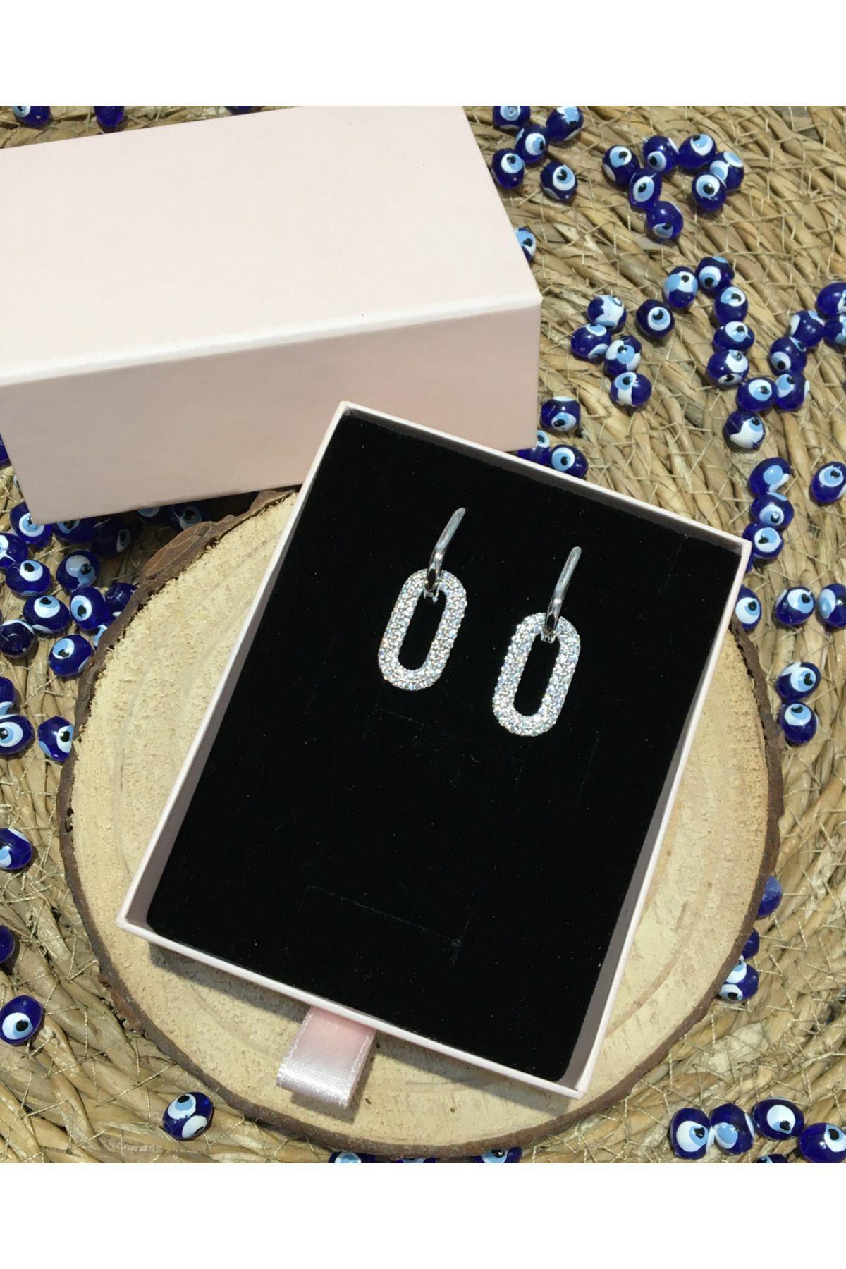 Çelik Zirkon Taşlı Sallantılı Oval Küpe Silver Renk