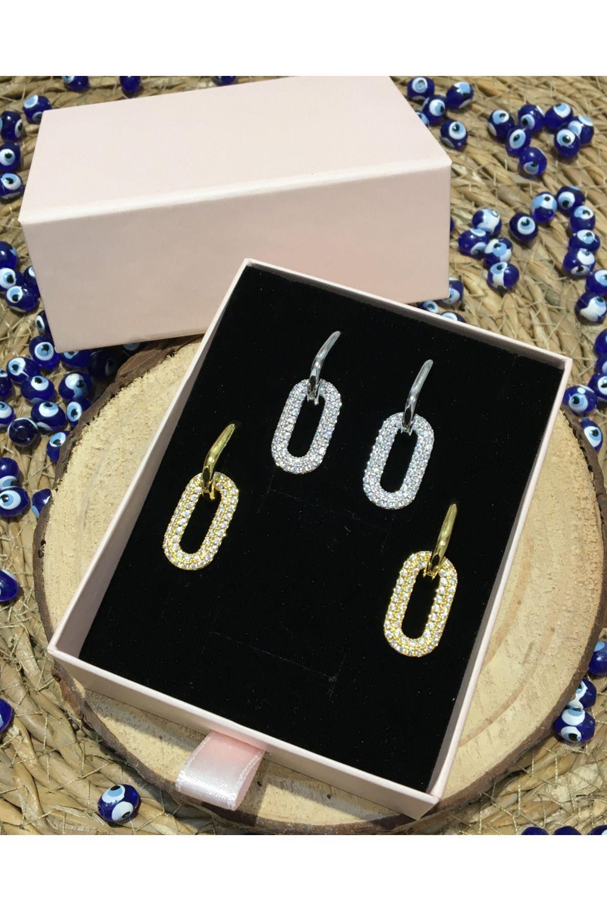 Çelik Zirkon Taşlı Sallantılı Oval Küpe Gold Renk