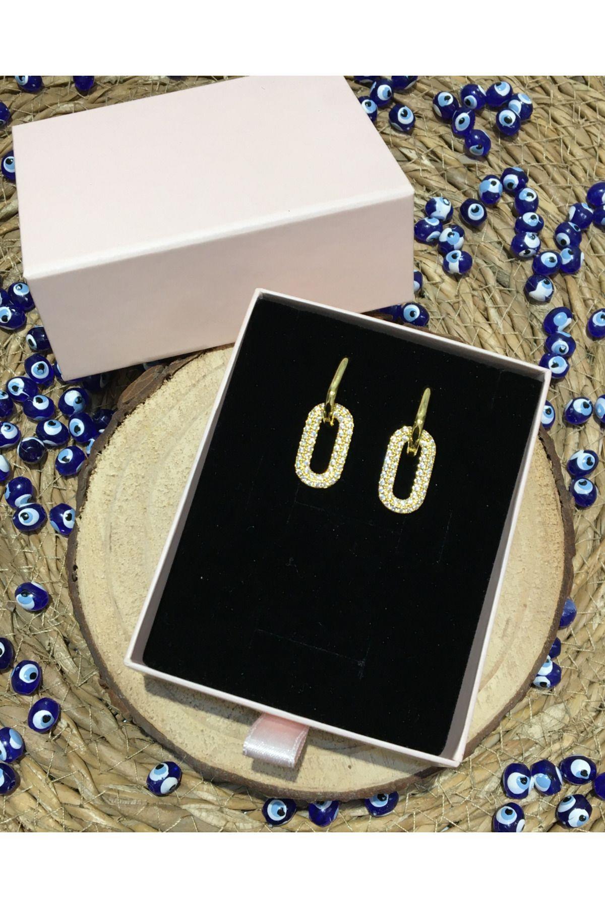 Çelik Zirkon Taşlı Sallantılı Oval Küpe Gold Renk