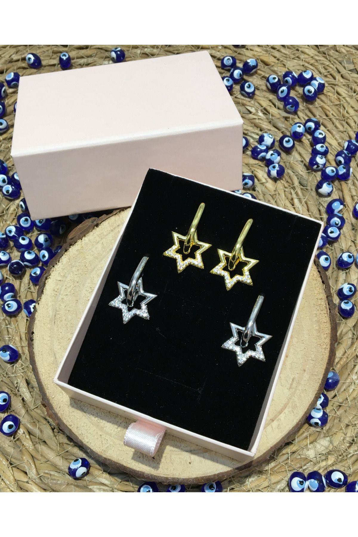 Çelik Zirkon Taşlı Sallantılı Yıldız Küpe Gold Renk