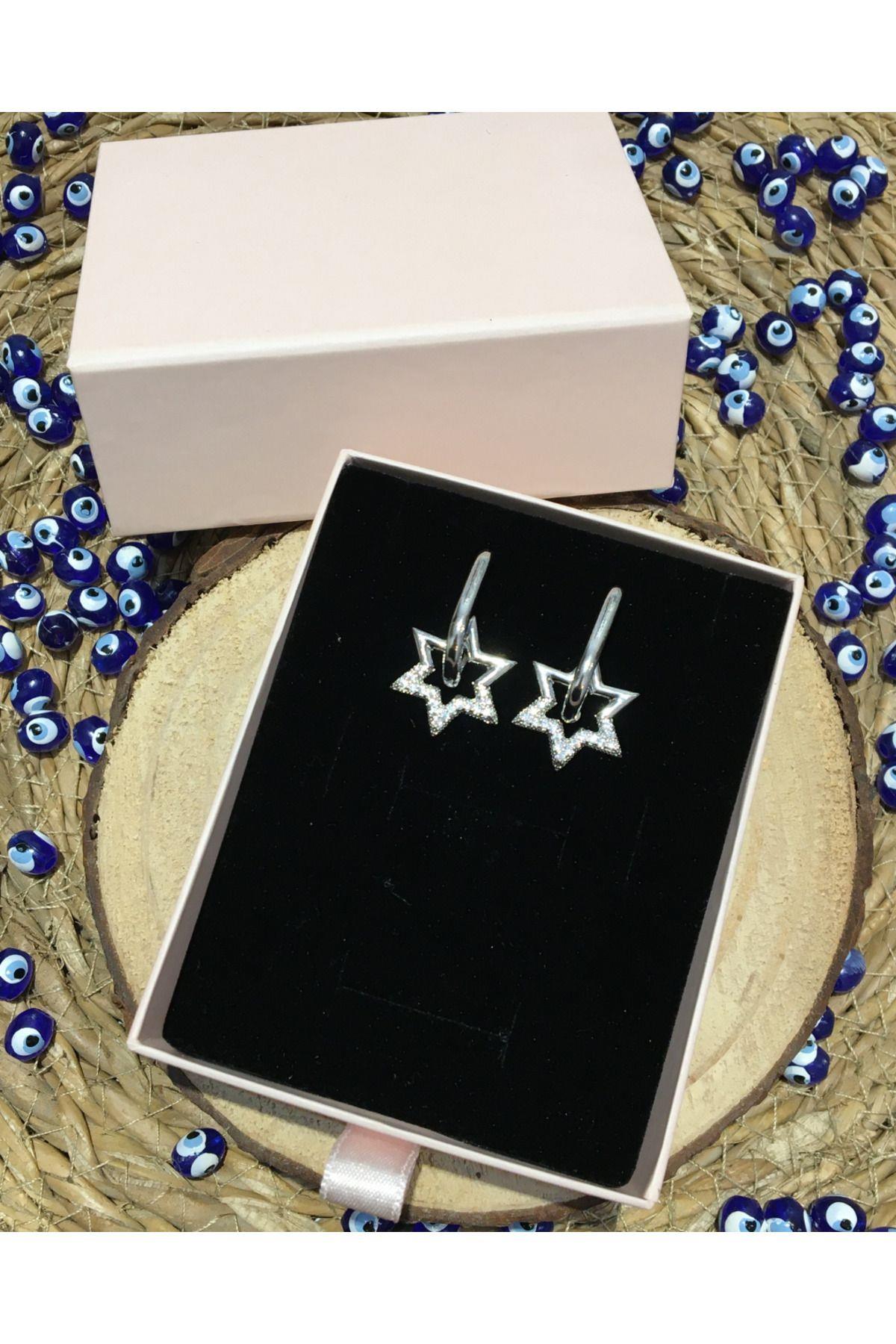 Çelik Zirkon Taşlı Sallantılı Yıldız Küpe Silver Renk