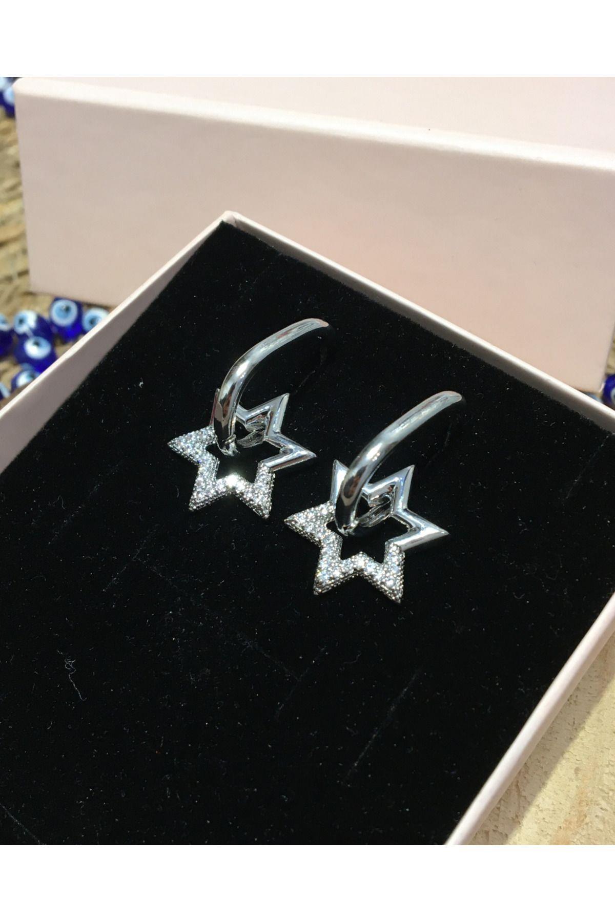 Çelik Zirkon Taşlı Sallantılı Yıldız Küpe Silver Renk