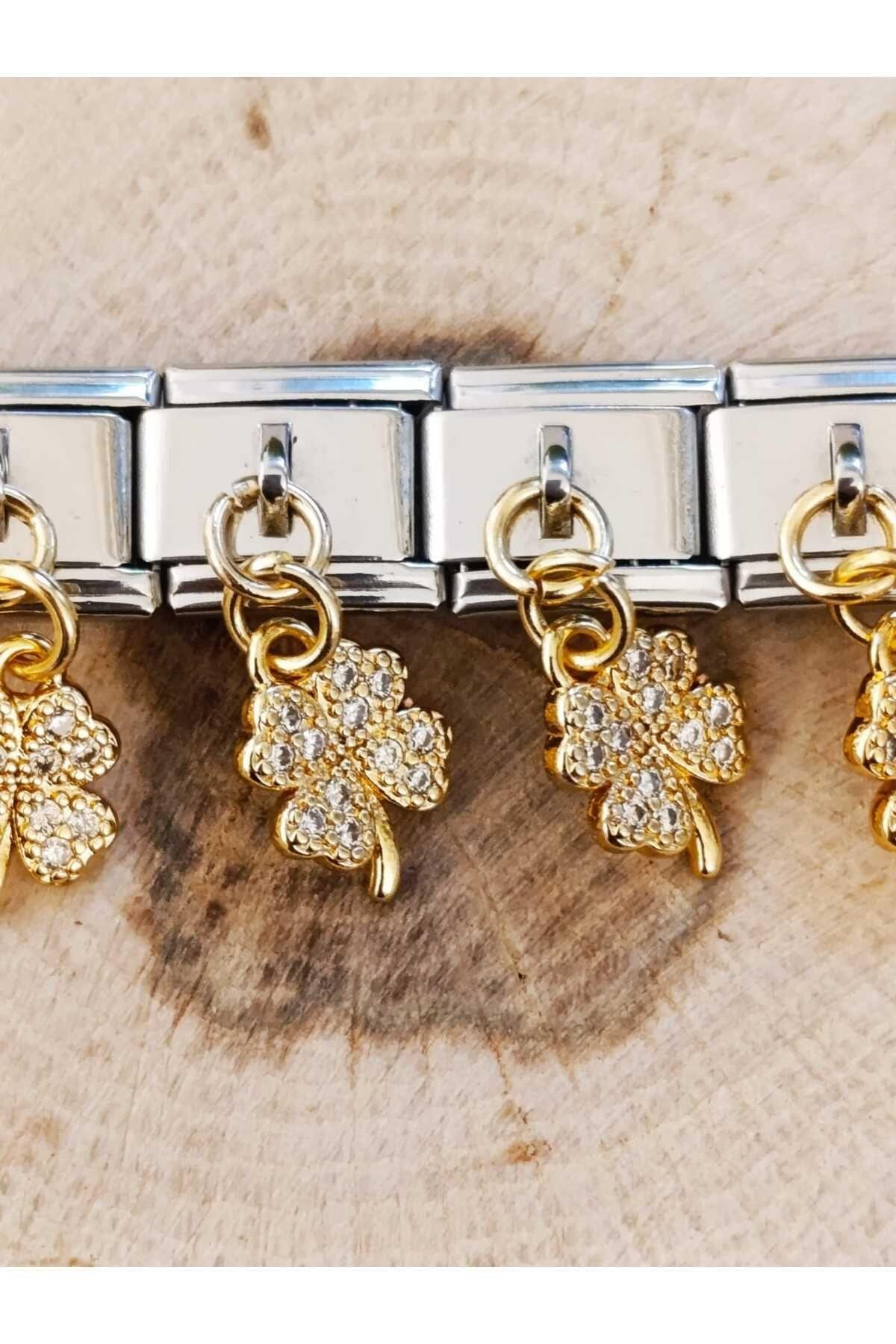 Çelik Zirkon Taşlı Sallantılı Yonca Charm 1 Adet