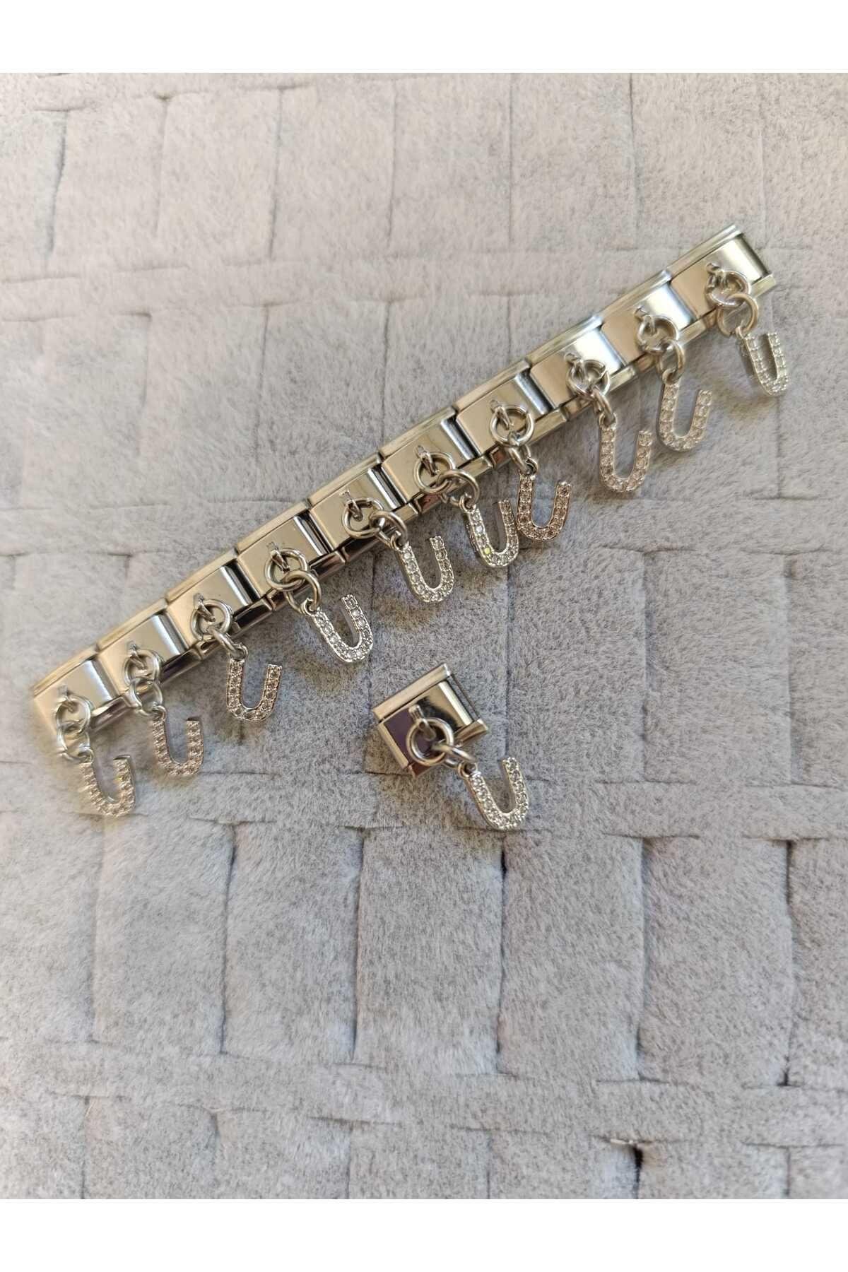 Gümüş Taşlı U Harfi Sallantılı Çelik İtalyan Charm  1 Adet