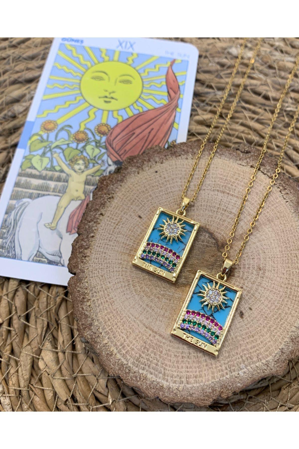 Kadın Çelik Stainless Steel Damgalı Gold Turkuaz Taş Tarot The Sun Paslanmaz Kolye 1 Adet