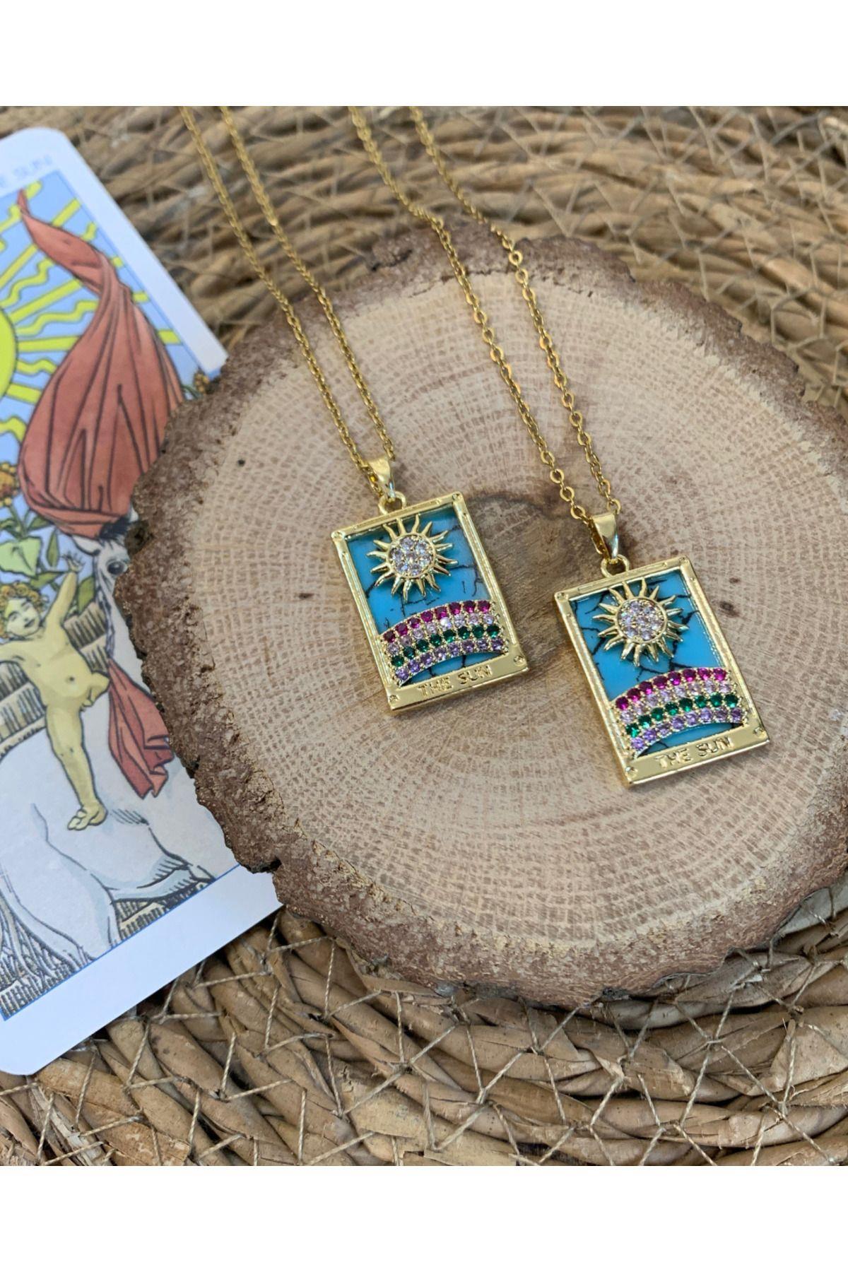 Kadın Çelik Stainless Steel Damgalı Gold Turkuaz Taş Tarot The Sun Paslanmaz Kolye 1 Adet