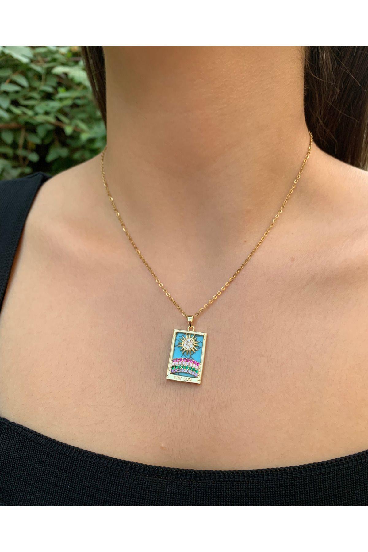 Kadın Çelik Stainless Steel Damgalı Gold Turkuaz Taş Tarot The Sun Paslanmaz Kolye 1 Adet