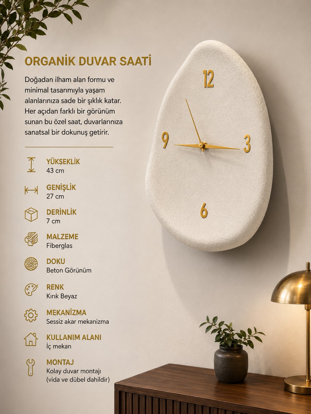 Beton Görünümlü Duvar Saati 43 cm