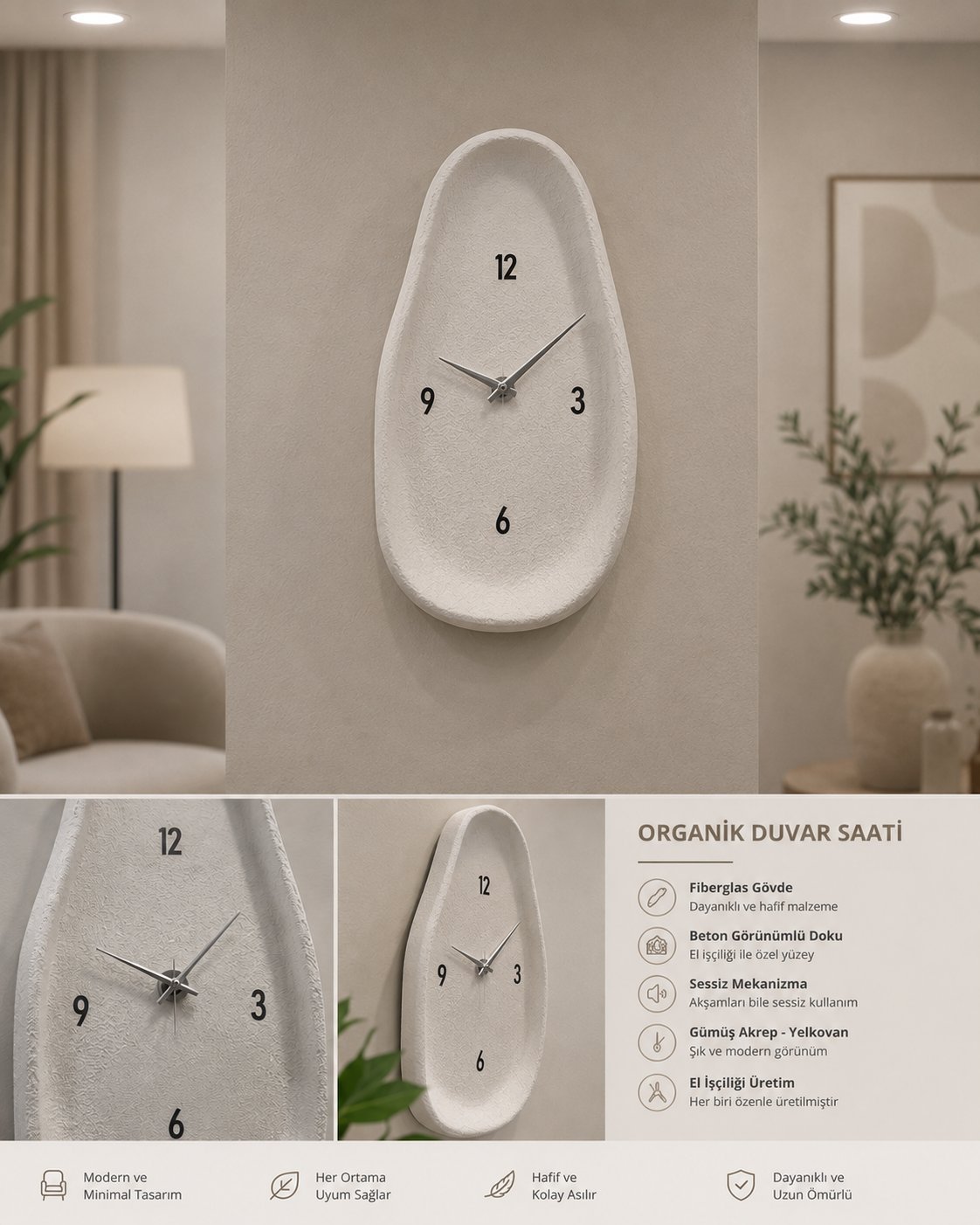 Beton Görünümlü Duvar Saati 62 cm