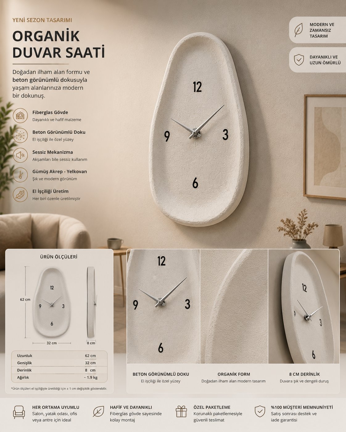 Beton Görünümlü Duvar Saati 62 cm