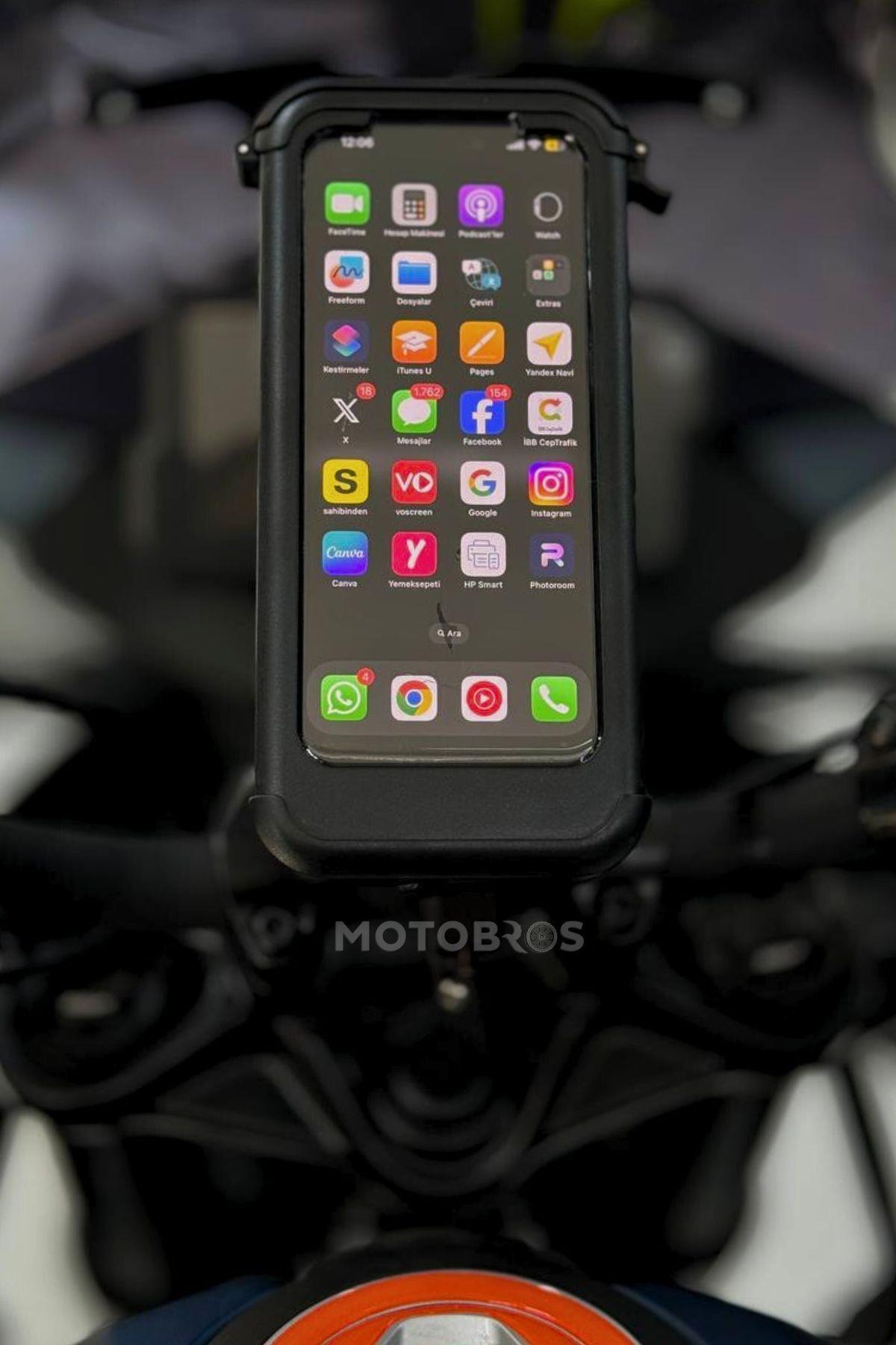 Motosiklet Bisiklet Telefon Tutucu Kapalı Su Geçirmez Mafsallı Dokunmatik (Ayna-Gidon Bağlantılı)