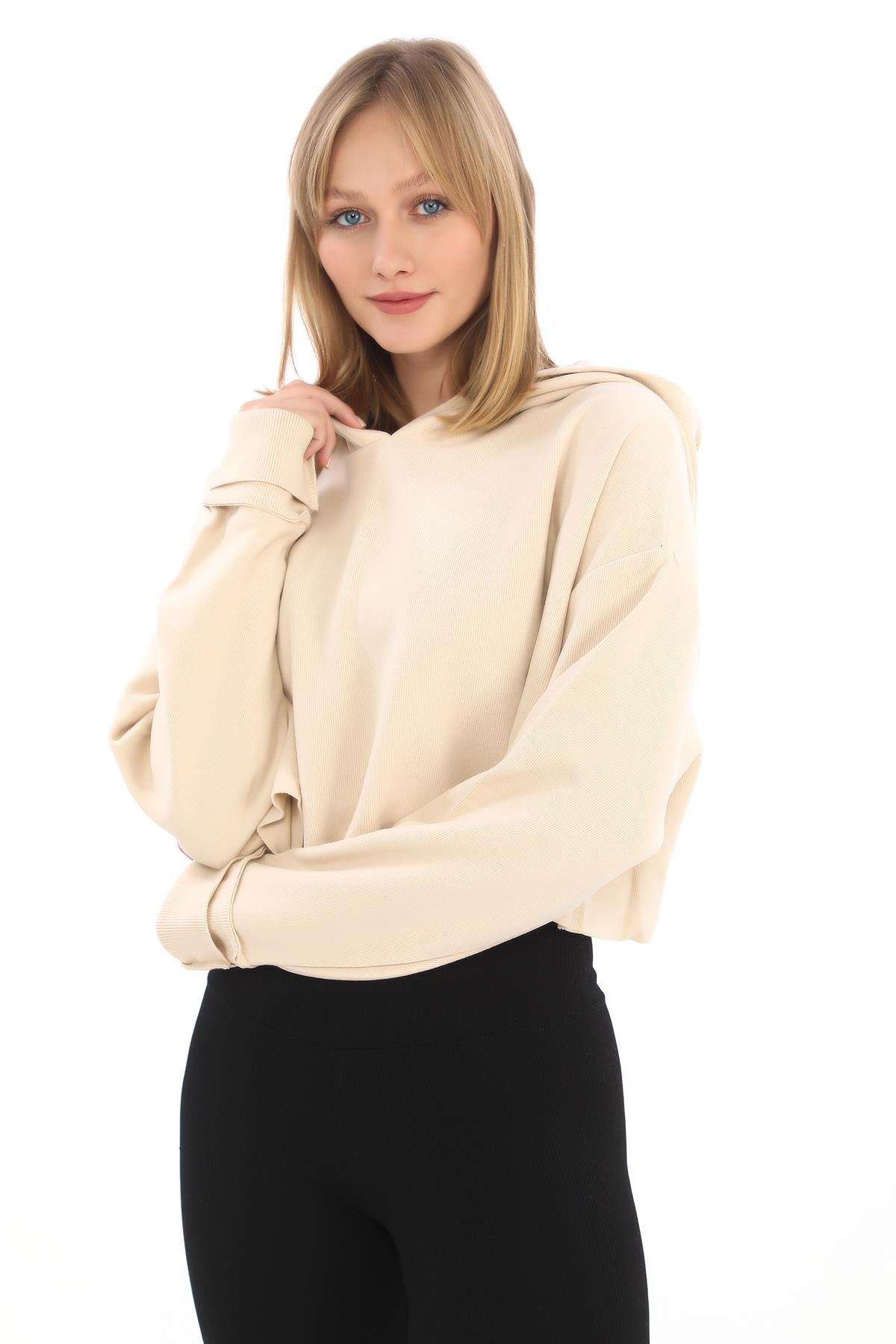 TAŞ RENGİ KAPŞONLU SWEAT