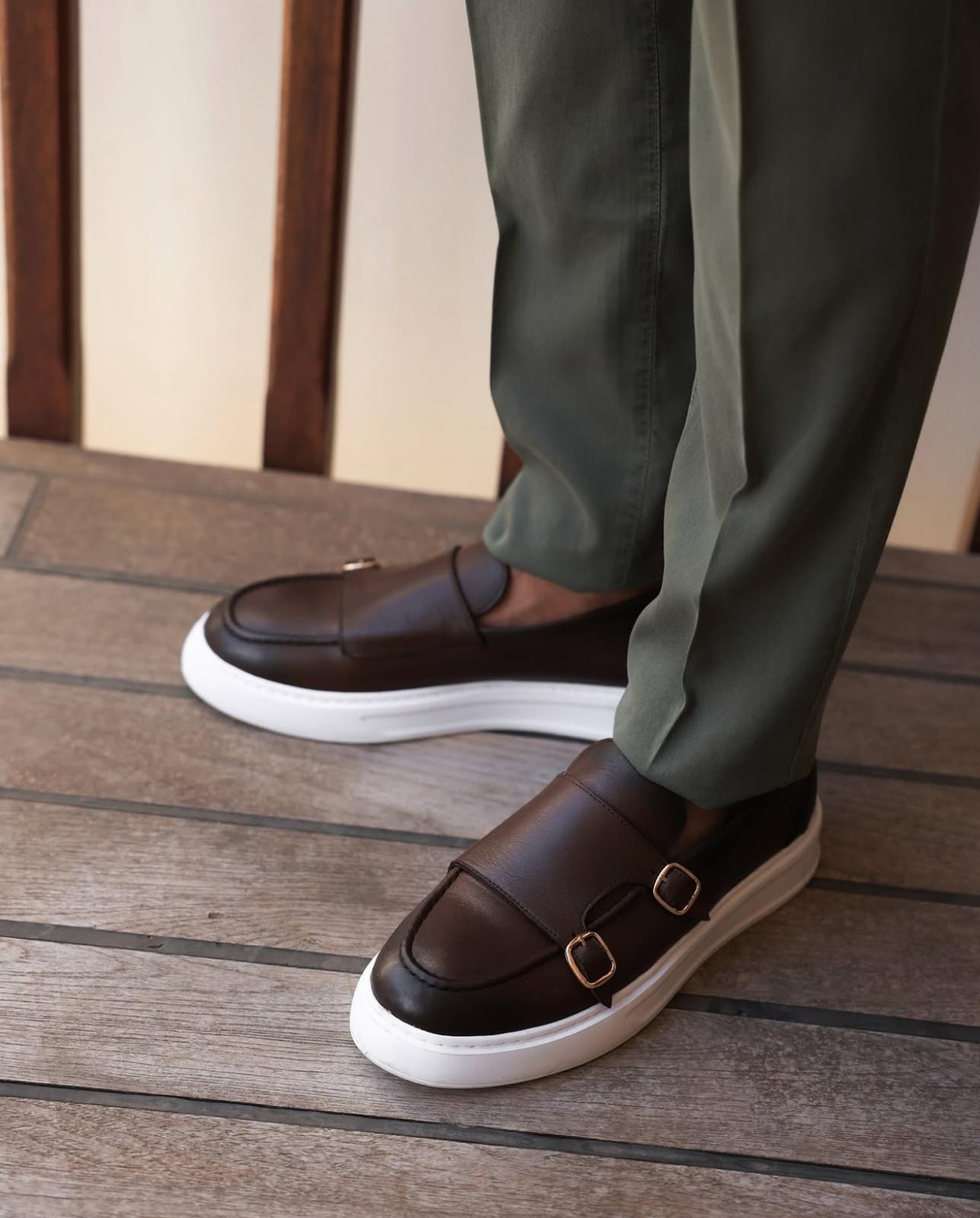 KAHVE ÇİFT TOKALI DERİ SNEAKERS