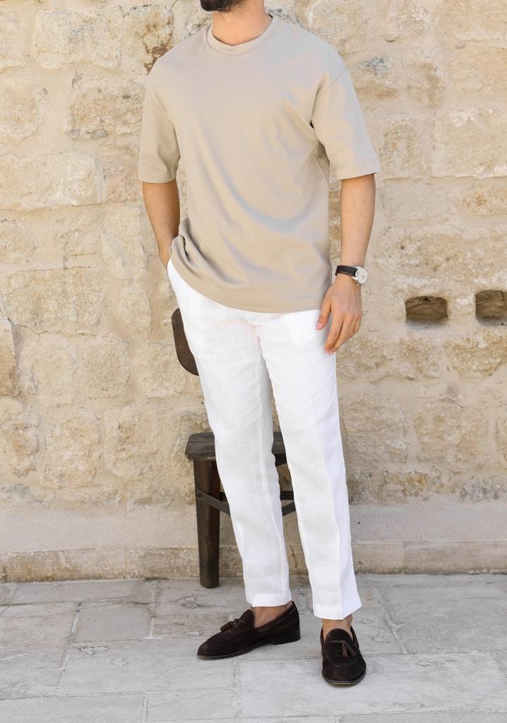 OverSize Bej %100 Pamuk Basic Tişört