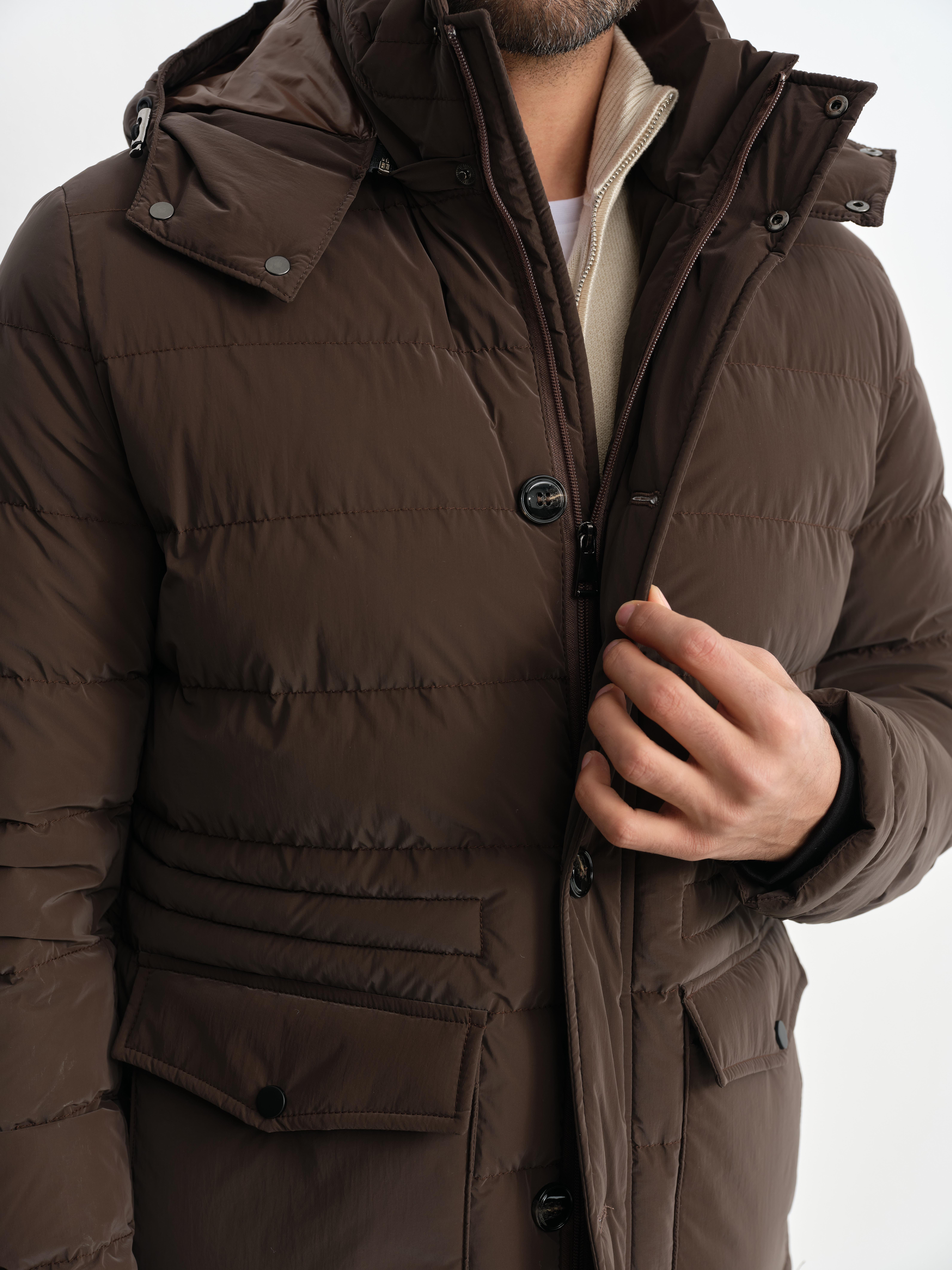 SLIMFIT KAHVE KAPÜŞONLU KALIN ŞİŞME MONT