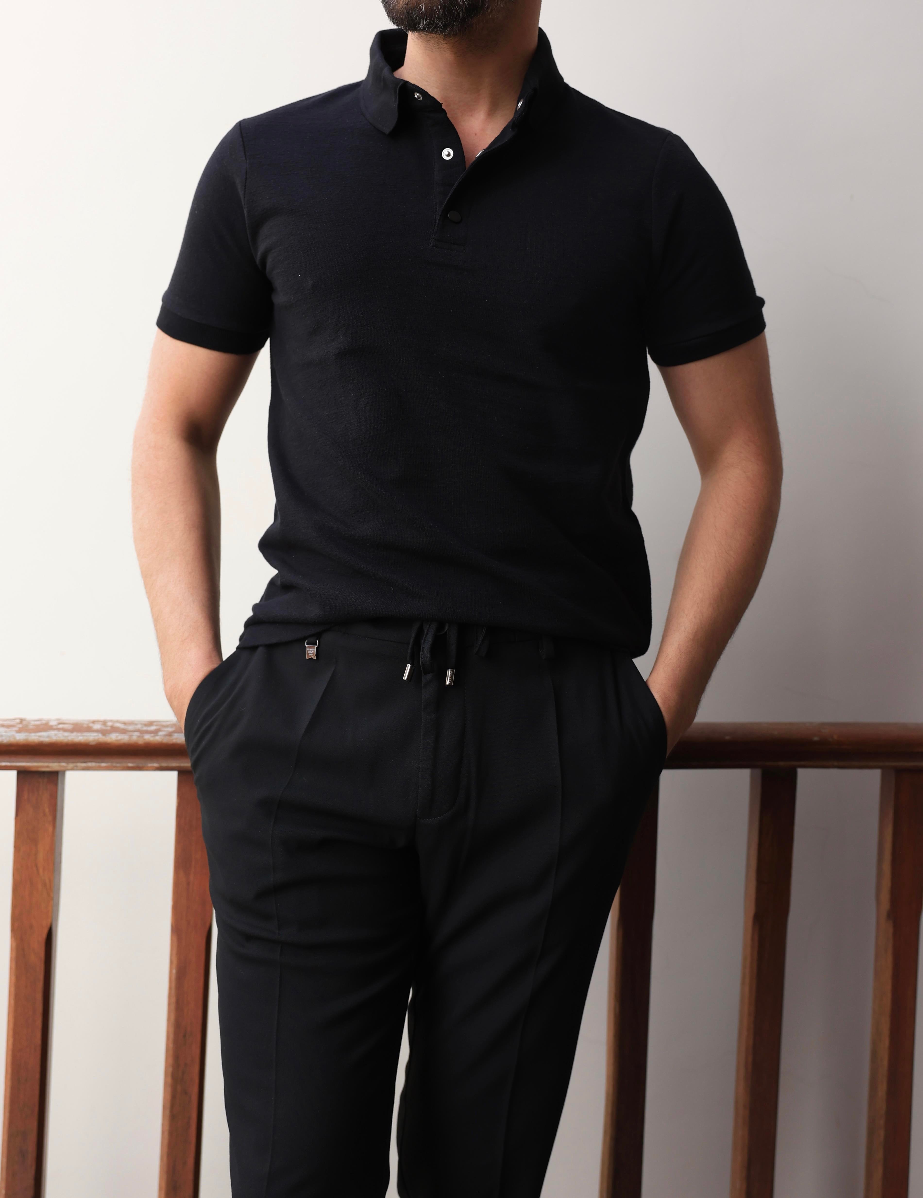 SLİMFİT SİYAH POLO YAKA ÖRME TİŞÖRT