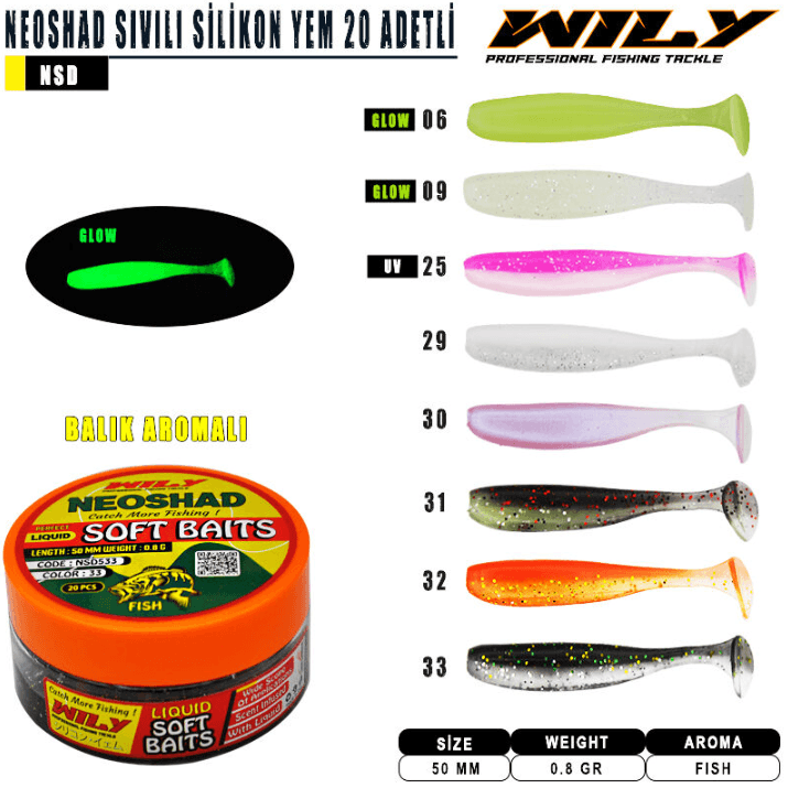 WILY Wily Neoshad Sıvılı 50 mm 20 Adetli Silikon Yem Silikon Yemler