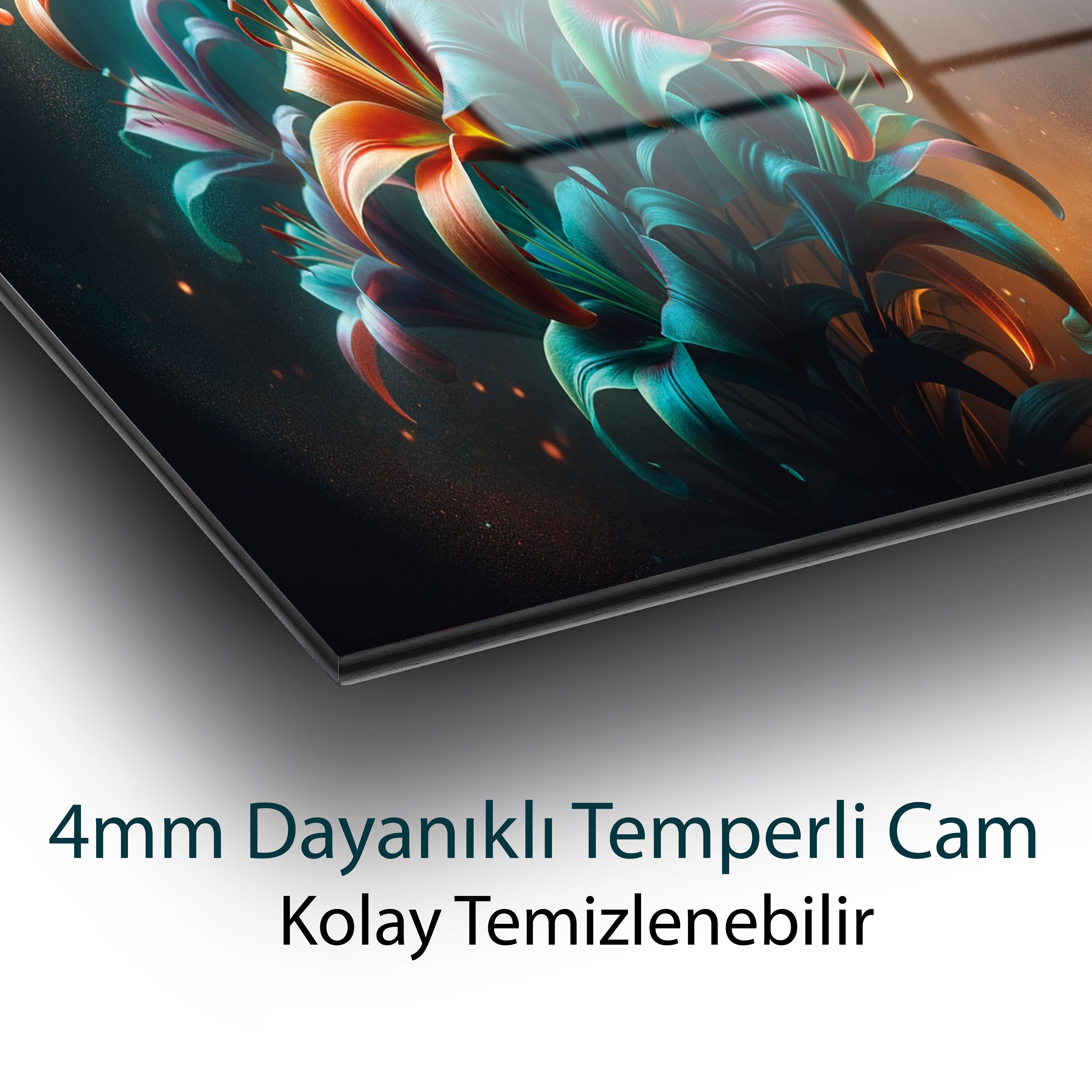  Soyut Renkli Çicek  Cam Tablo  Modern Ofis Makam Odası Hediyelik Büyük Tablo Duvar Dekoru 