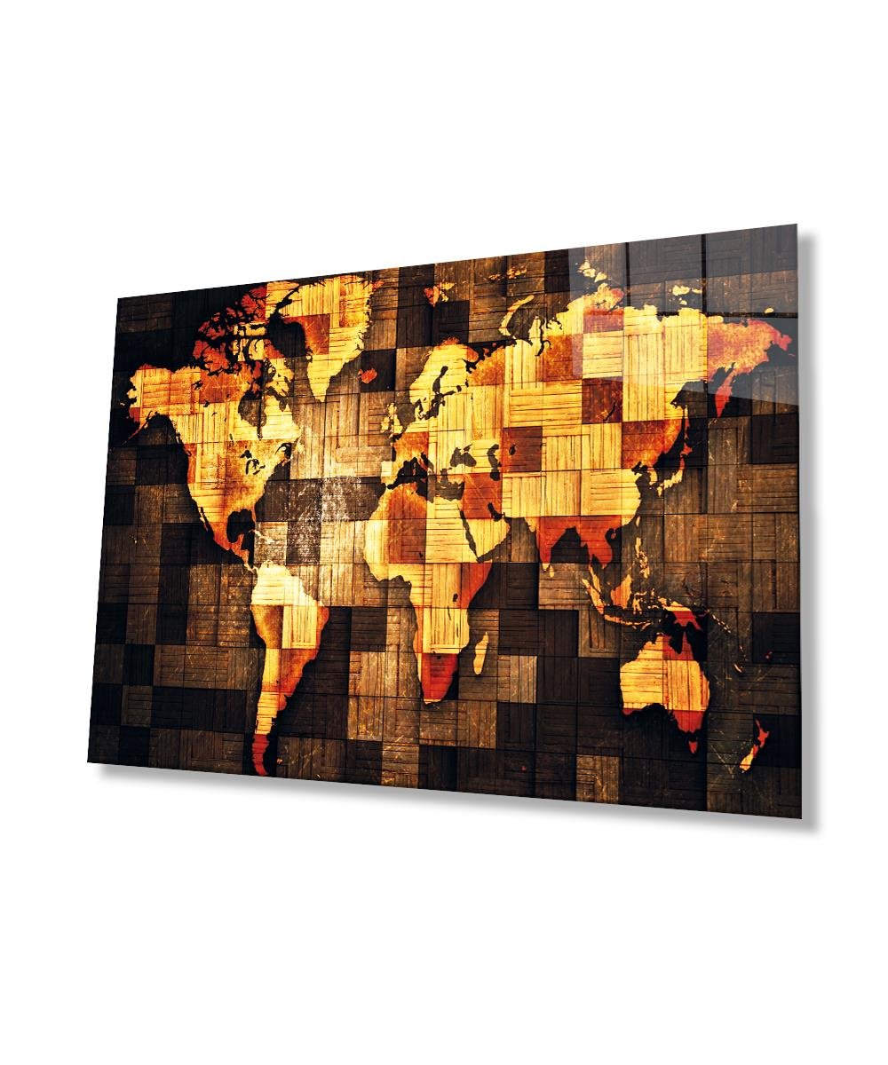 3 Boyutlu Ahşap Görünümlü Dünya Haritası 4mm Dayanıklı Cam Tablo Temperli Cam, 3D Wooden Pattern World Map Glass Wall Art