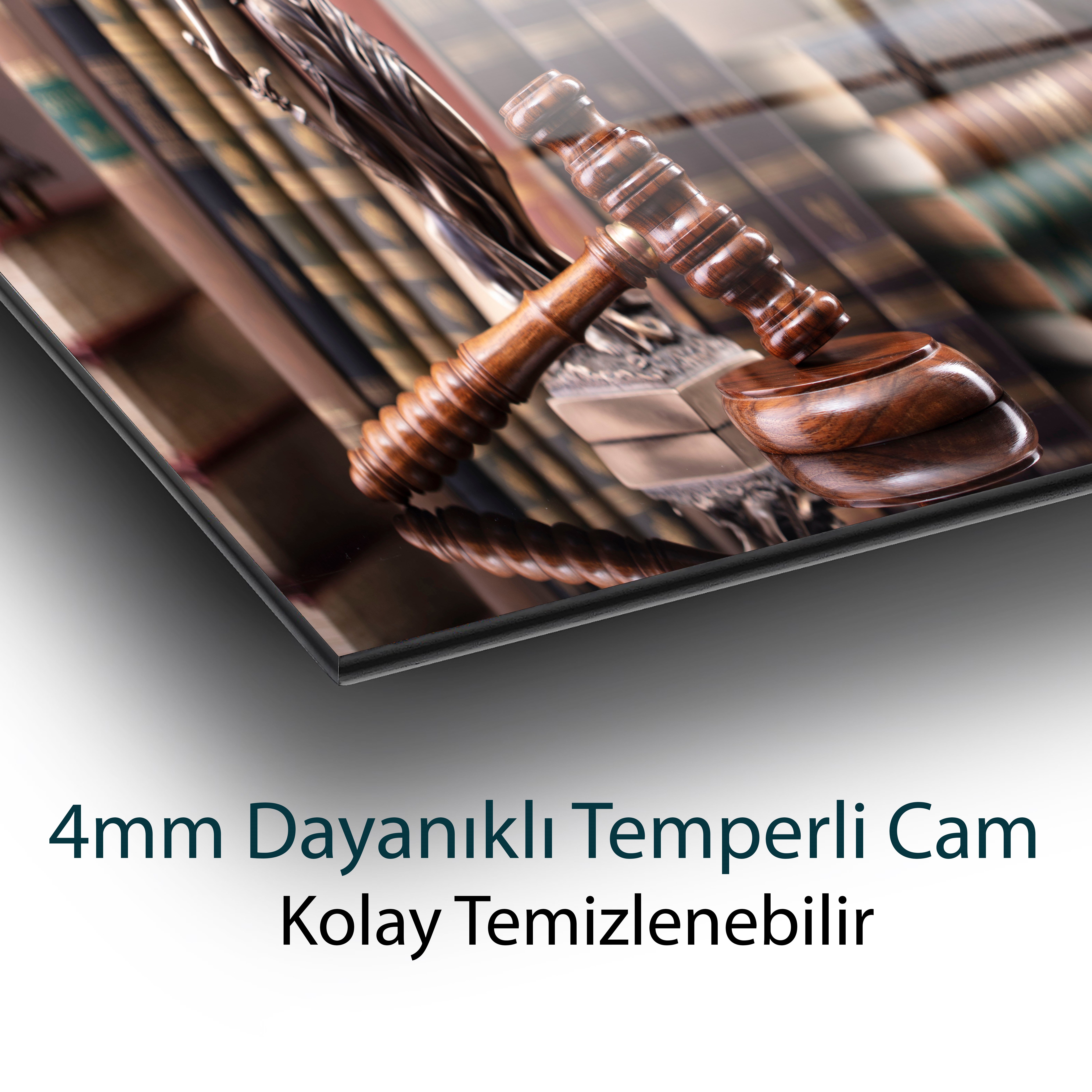 Adalet Heykeli Cam Tablo | Lady Justice Hukuk Temalı Temperli Cam Duvar Tablosu | 4 mm Dekoratif Cam Tablo
