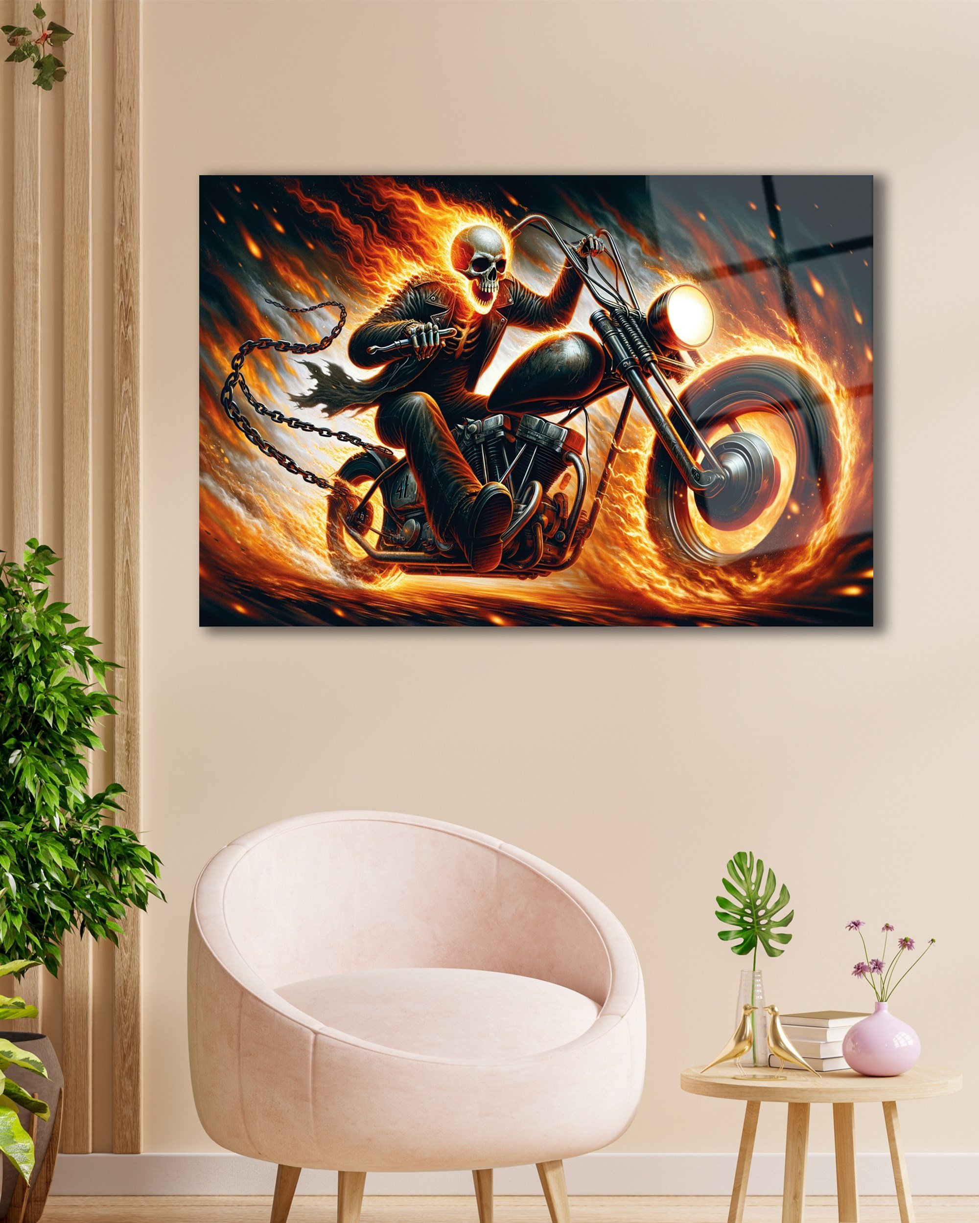 Alevli Hayalet Motorcu Cam Tablo | Fantastik Motosiklet Temperli Cam Duvar Tablosu | 4 mm Dekoratif Cam Tablo