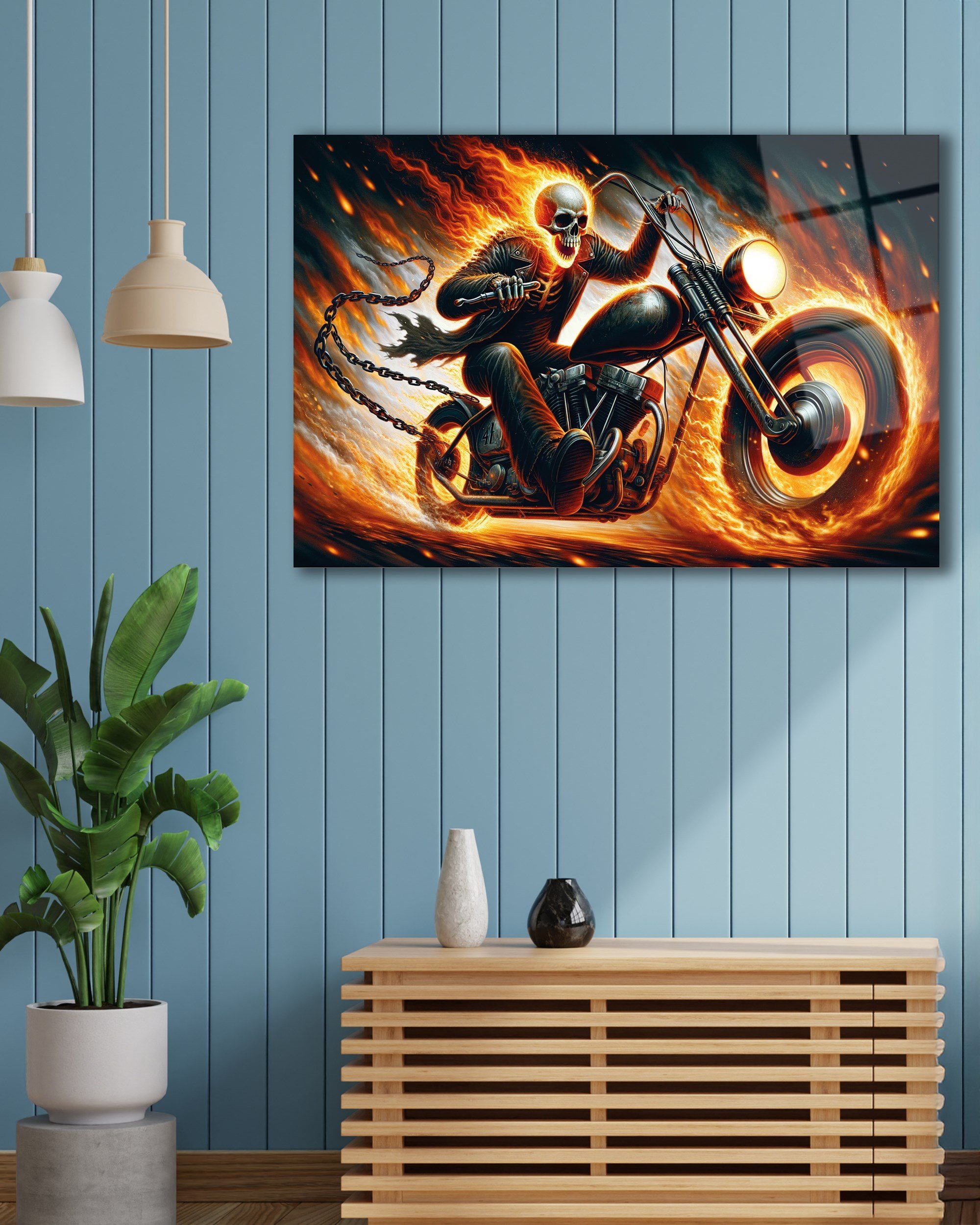 Alevli Hayalet Motorcu Cam Tablo | Fantastik Motosiklet Temperli Cam Duvar Tablosu | 4 mm Dekoratif Cam Tablo