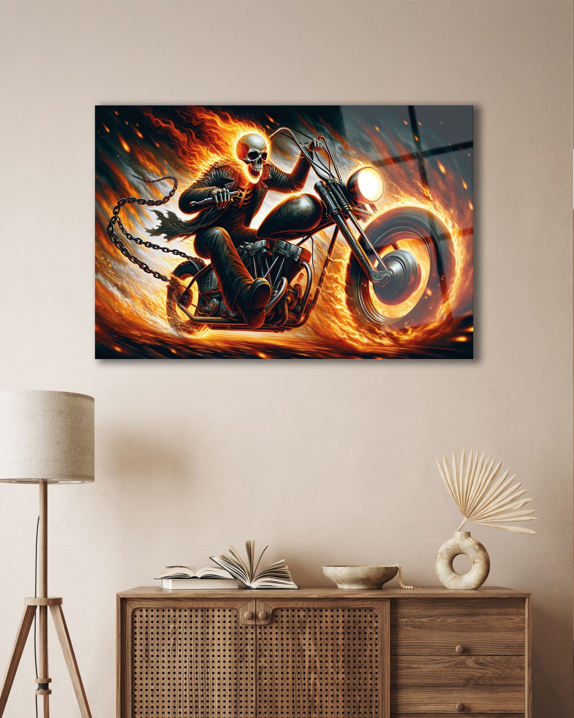 Alevli Hayalet Motorcu Cam Tablo | Fantastik Motosiklet Temperli Cam Duvar Tablosu | 4 mm Dekoratif Cam Tablo