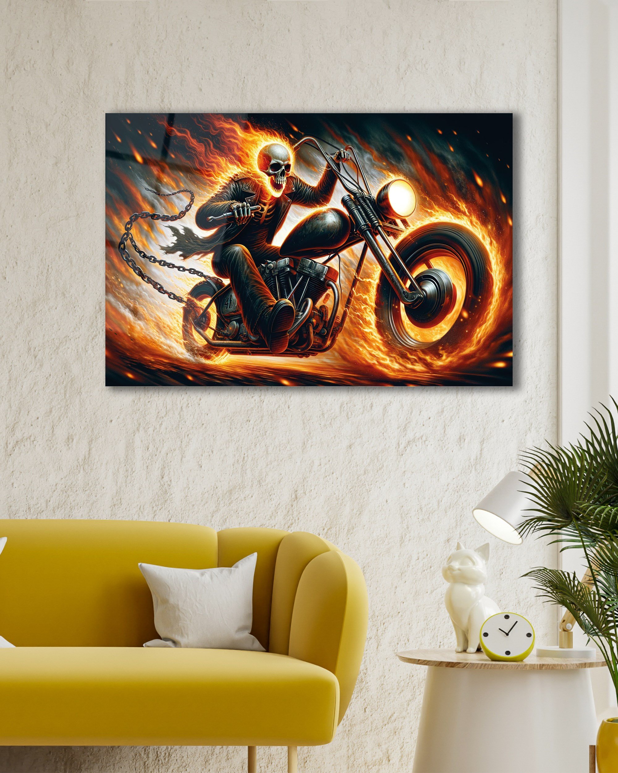 Alevli Hayalet Motorcu Cam Tablo | Fantastik Motosiklet Temperli Cam Duvar Tablosu | 4 mm Dekoratif Cam Tablo