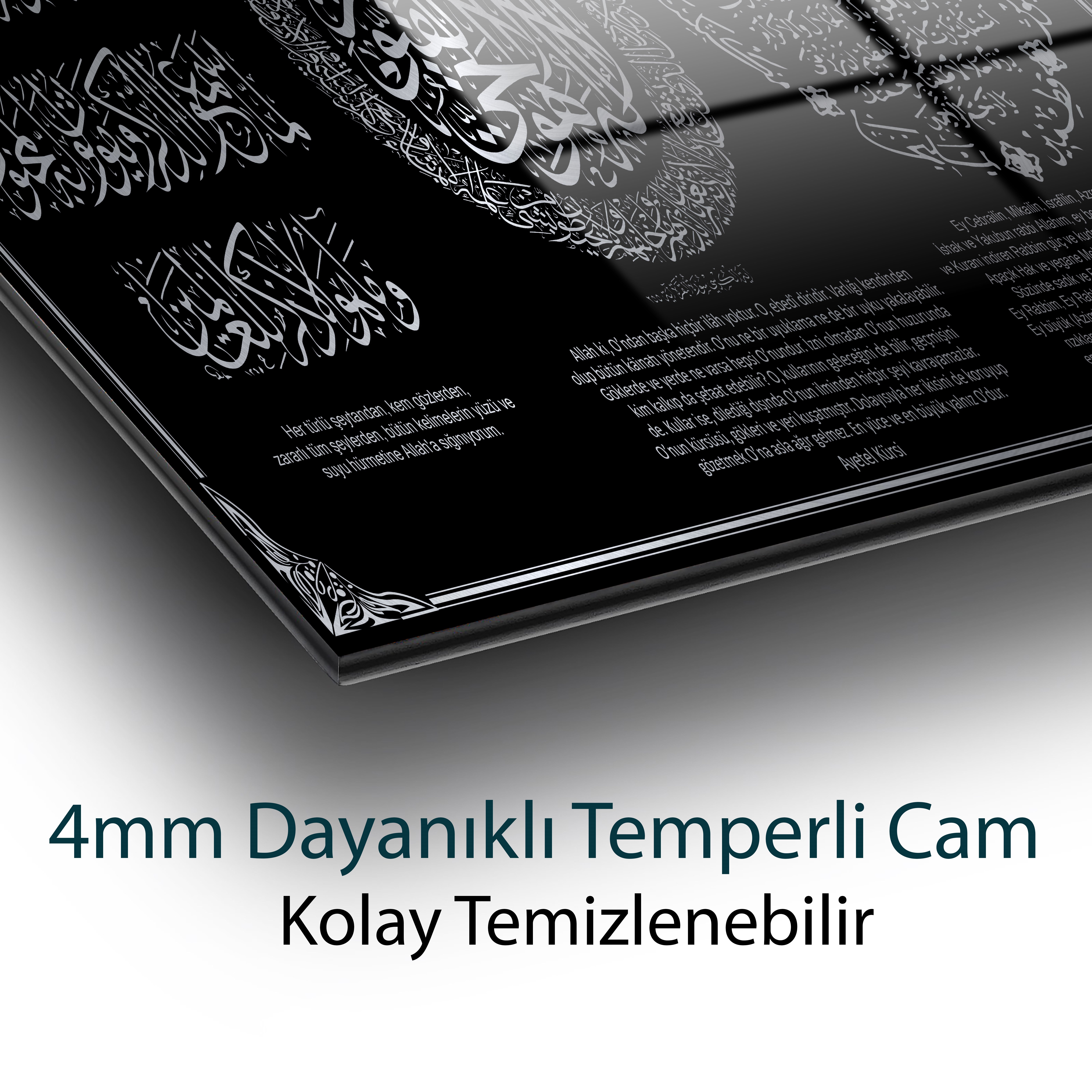 Allah Lafzı Nazar ve Bereket Duaları Siyah Temperli Cam Tablo