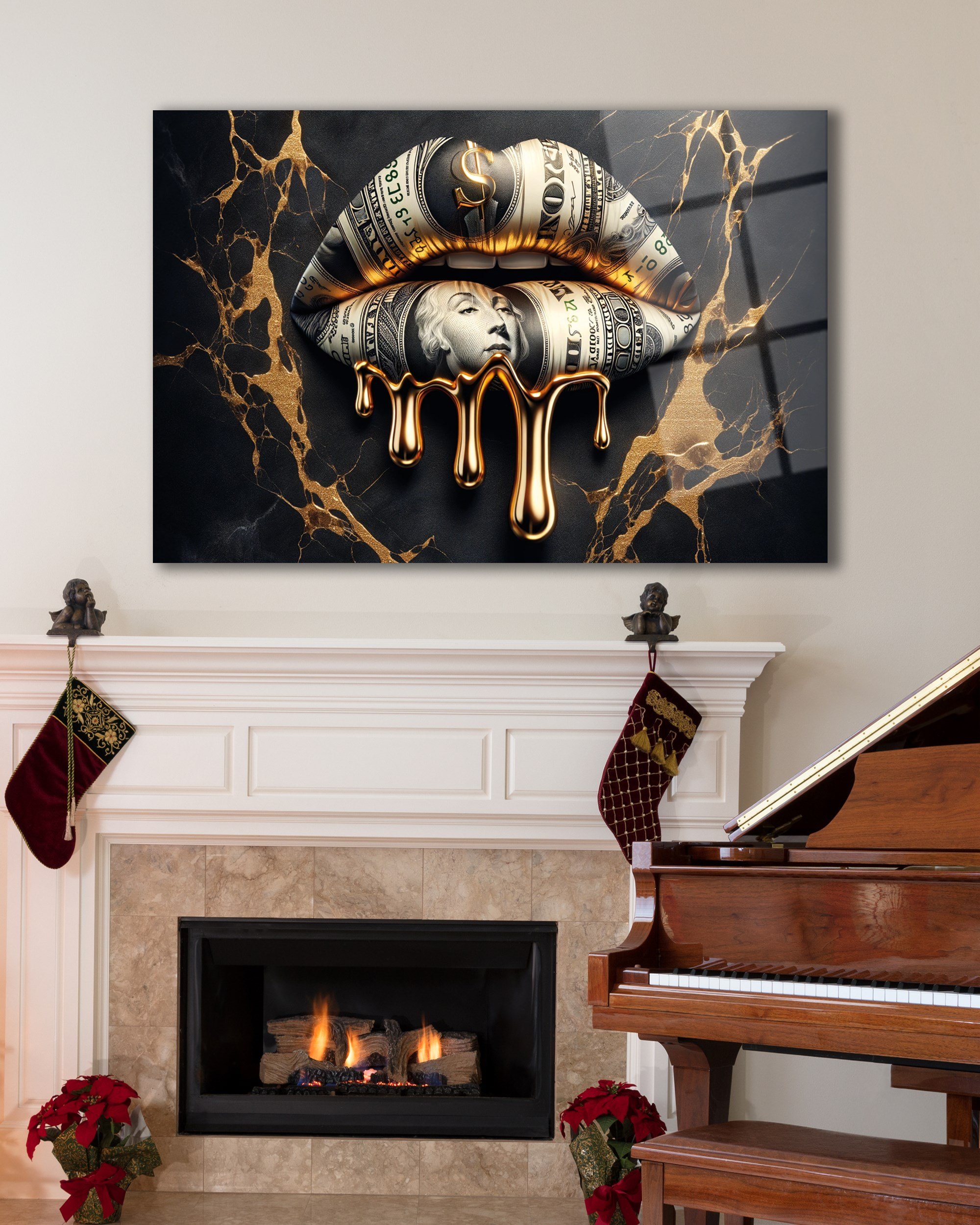 Altın Dudak Cam Tablo | Lüks Glamour Dudak Sanatı Temperli Cam Duvar Tablosu | 4 mm Dekoratif Cam Tablo