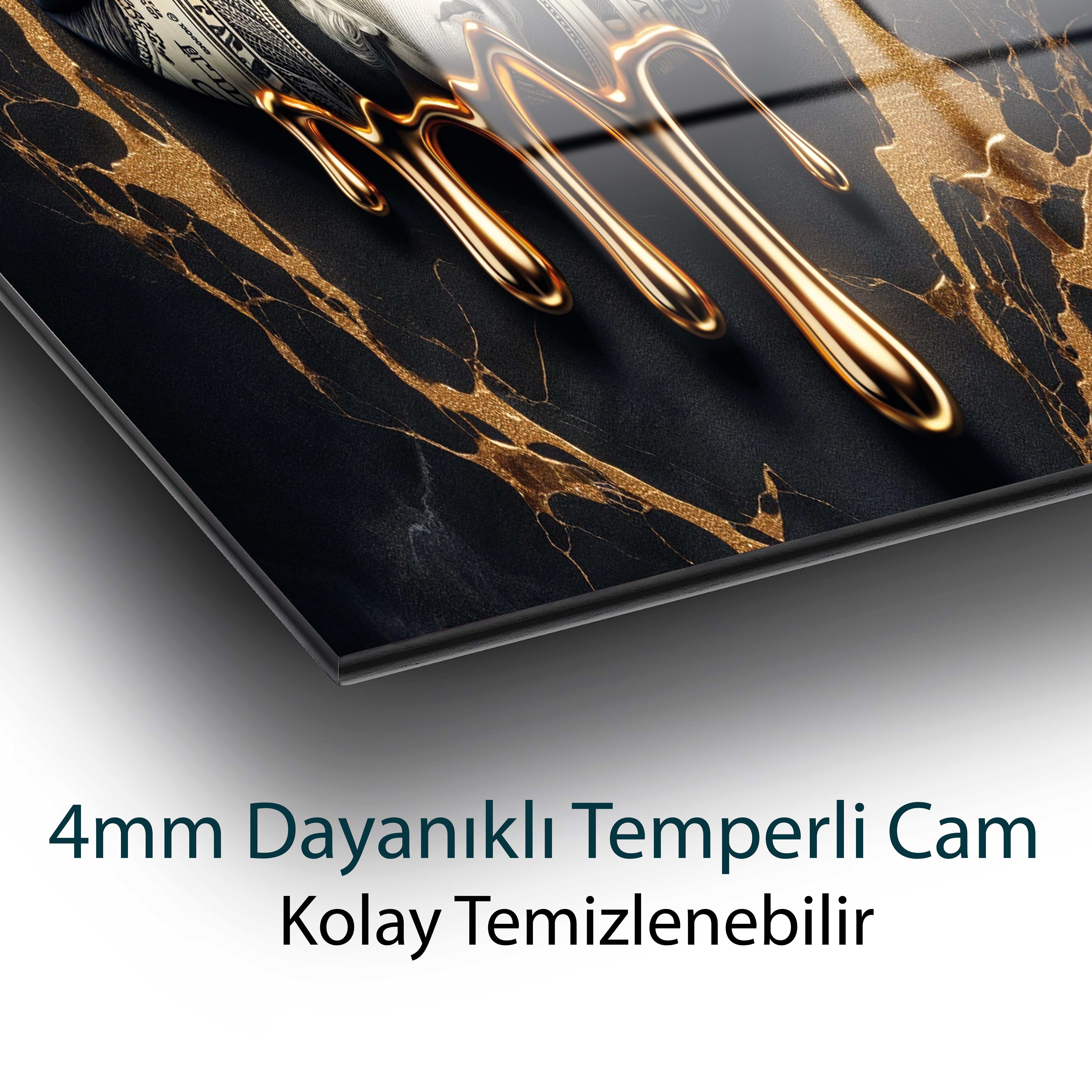 Altın Dudak Cam Tablo | Lüks Glamour Dudak Sanatı Temperli Cam Duvar Tablosu | 4 mm Dekoratif Cam Tablo