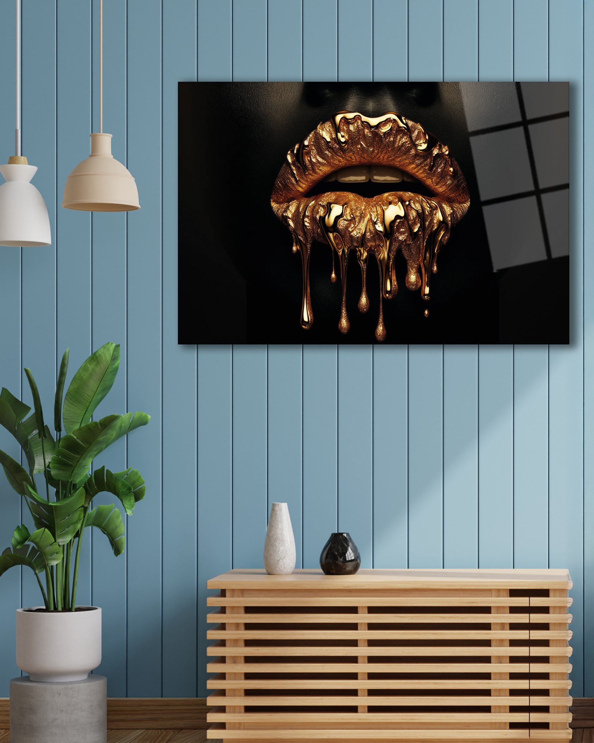 Altın Dudak Cam Tablo | Lüks Glamour Makyaj Sanatı Temperli Cam Duvar Tablosu | 4 mm Dekoratif Cam Tablo