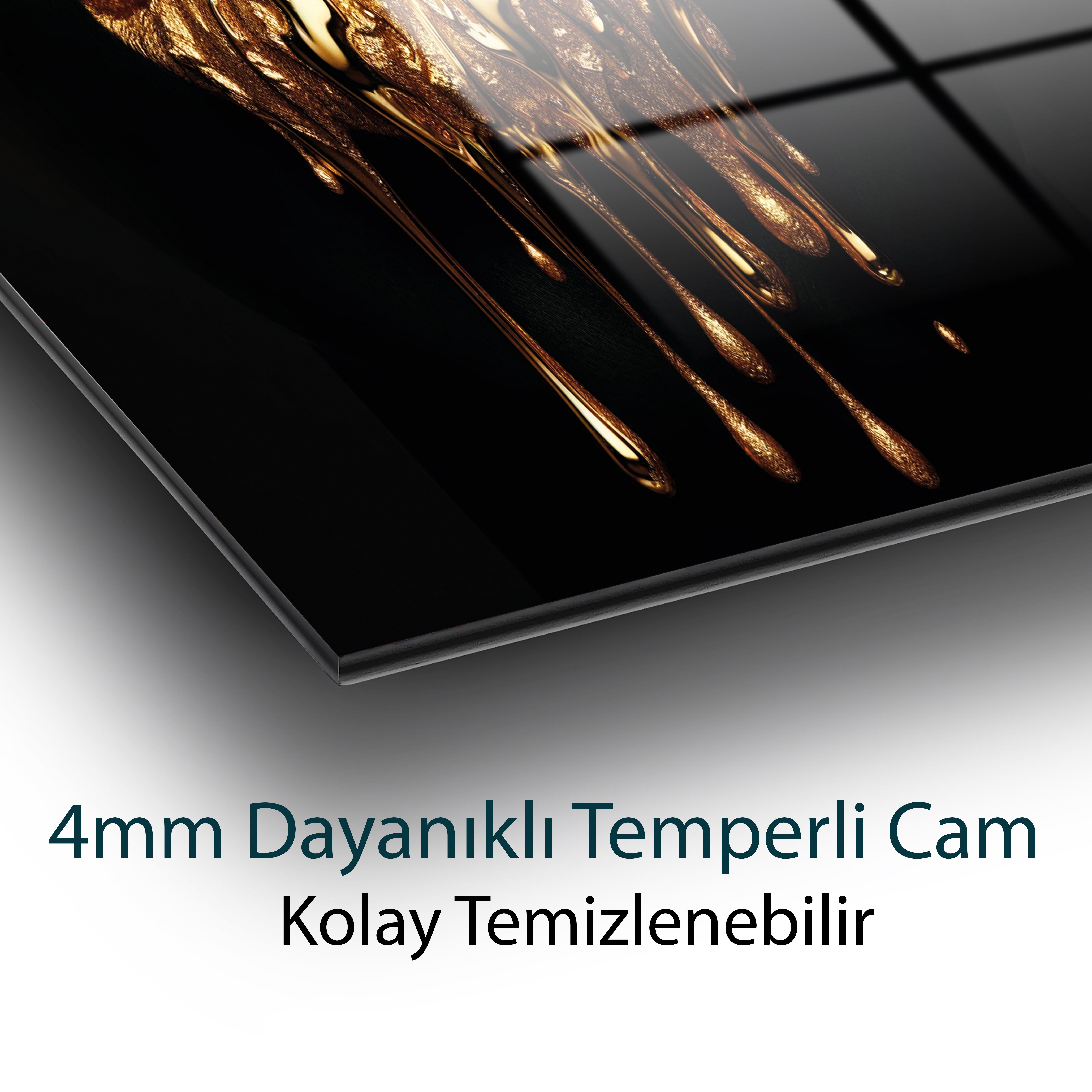 Altın Dudak Cam Tablo | Lüks Glamour Makyaj Sanatı Temperli Cam Duvar Tablosu | 4 mm Dekoratif Cam Tablo